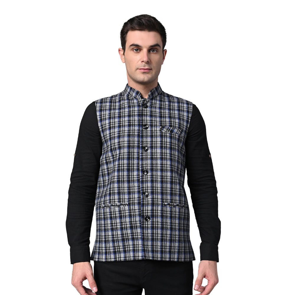Vastraa Fusion Modi Jacket Waistcoat Checks Pattern Woolen Nehru Jacket