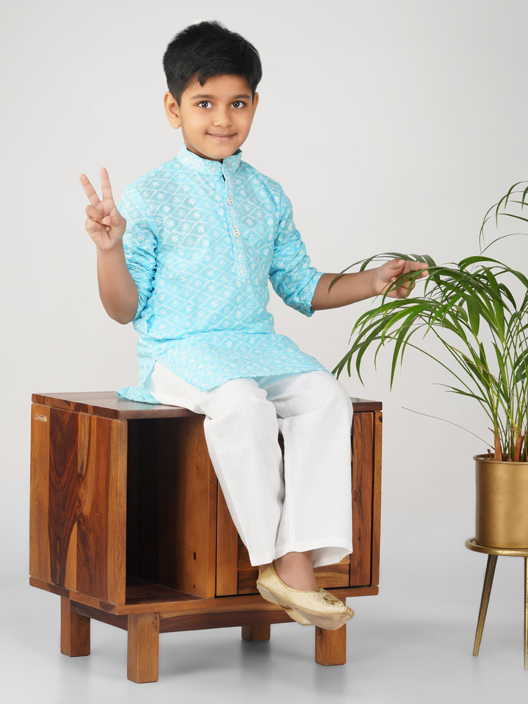 Vastraa Fusion Kid's Chikan Embroidery Kurta Pure Cotton Long Kurta