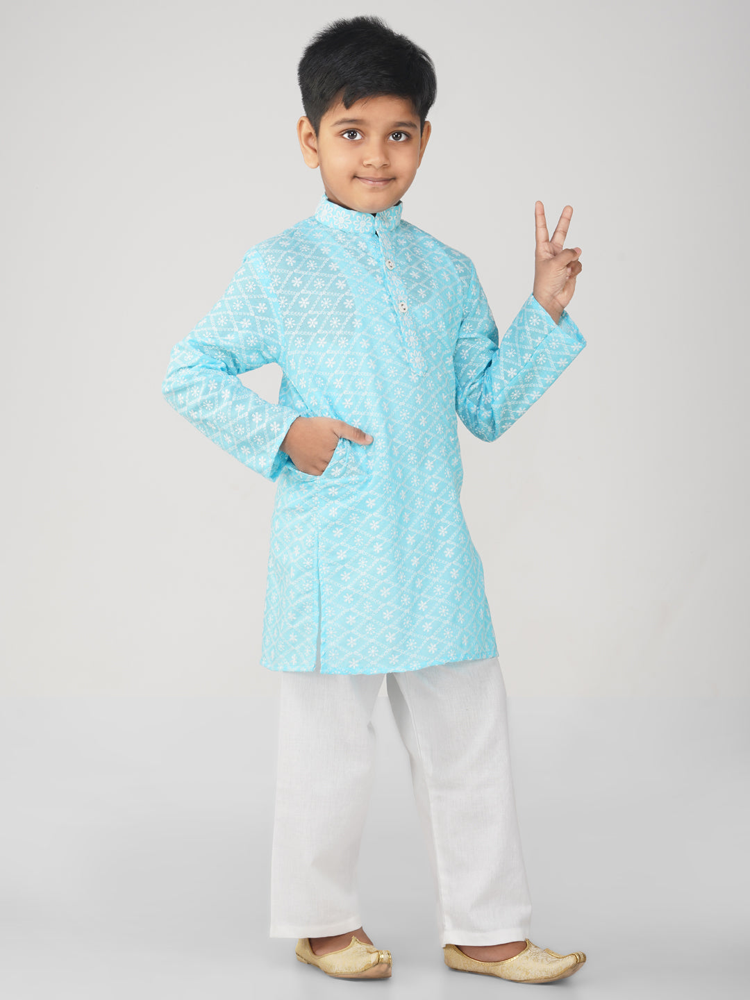 Vastraa Fusion Kid's Chikan Embroidery Kurta Pure Cotton Long Kurta