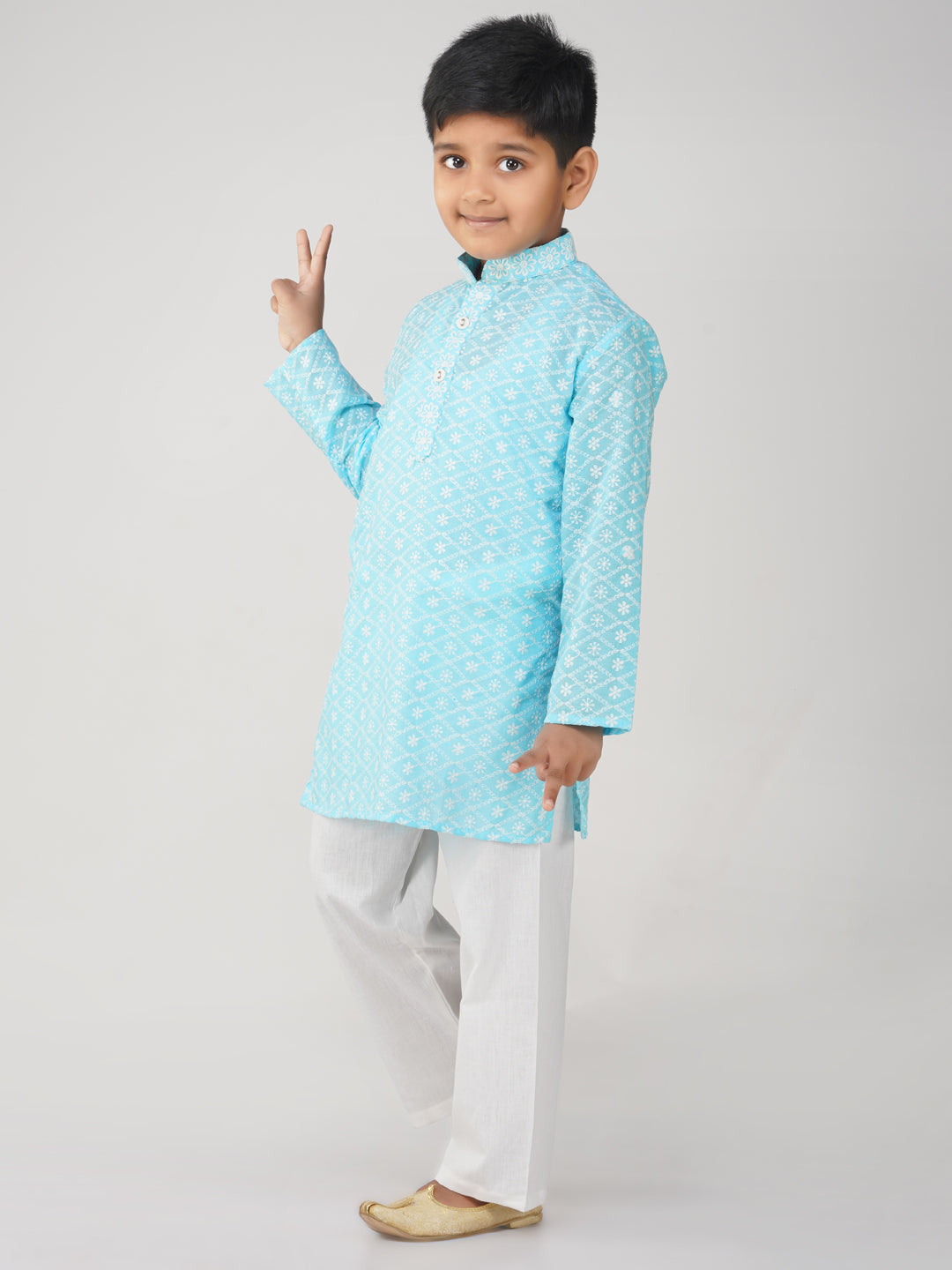 Vastraa Fusion Kid's Chikan Embroidery Kurta Pure Cotton Long Kurta
