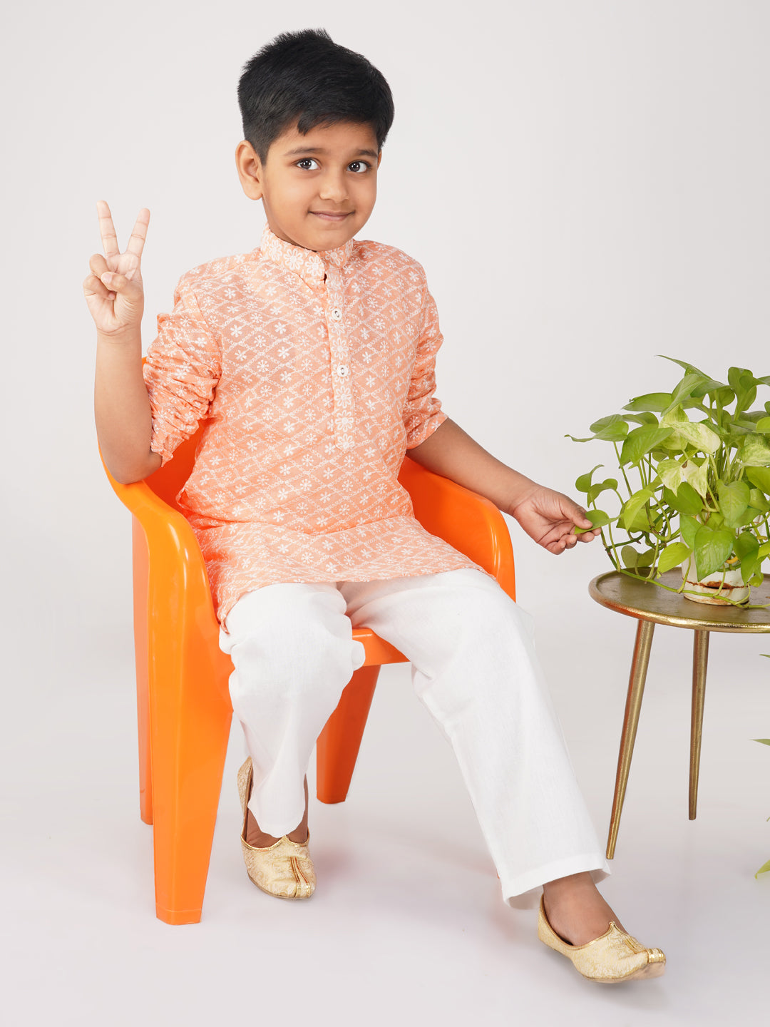 Vastraa Fusion Kid's Chikan Embroidery Kurta Pure Cotton Long Kurta