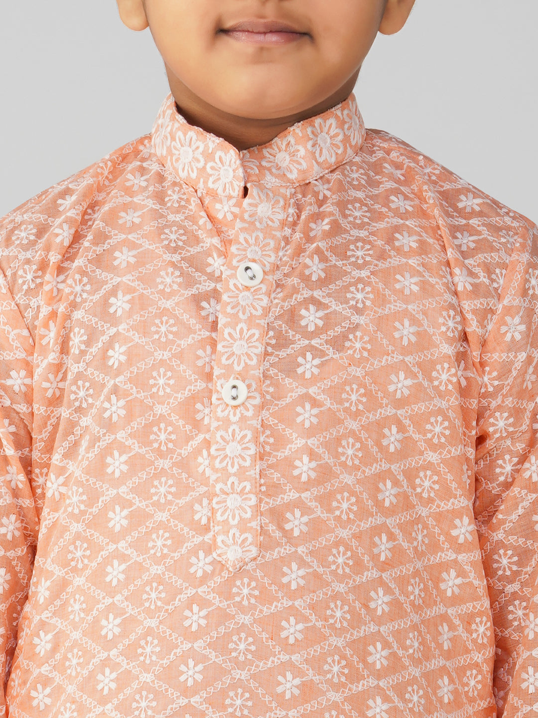 Vastraa Fusion Kid's Chikan Embroidery Kurta Pure Cotton Long Kurta