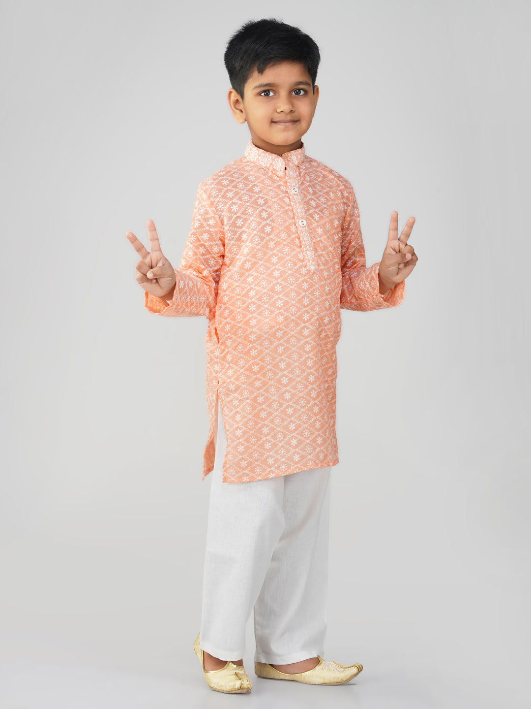 Vastraa Fusion Kid's Chikan Embroidery Kurta Pure Cotton Long Kurta