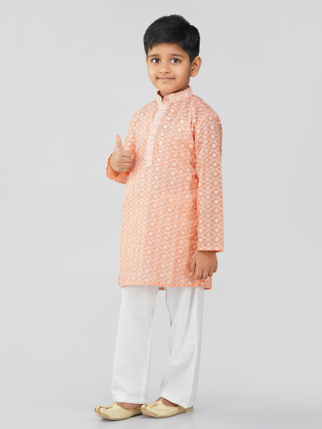 Vastraa Fusion Kid's Chikan Embroidery Kurta Pure Cotton Long Kurta