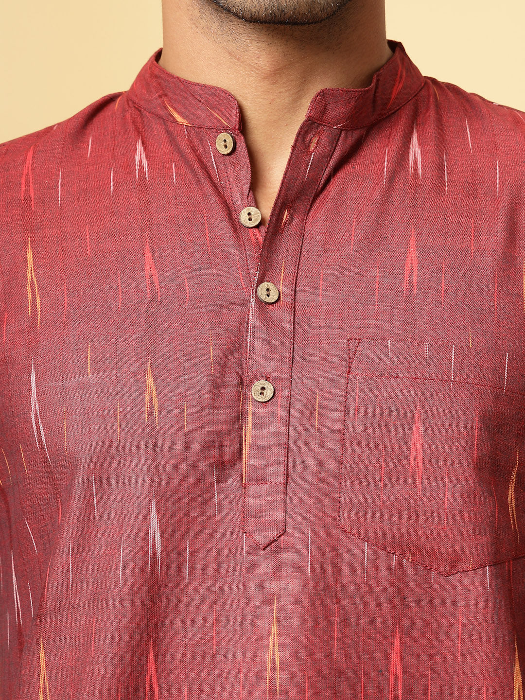 Vastraa Fusion Men's Handloom Weaving Pure Cotton Short Kurta, Round Collar, Full Sleeves,Button Kurta, Ethnic Wear