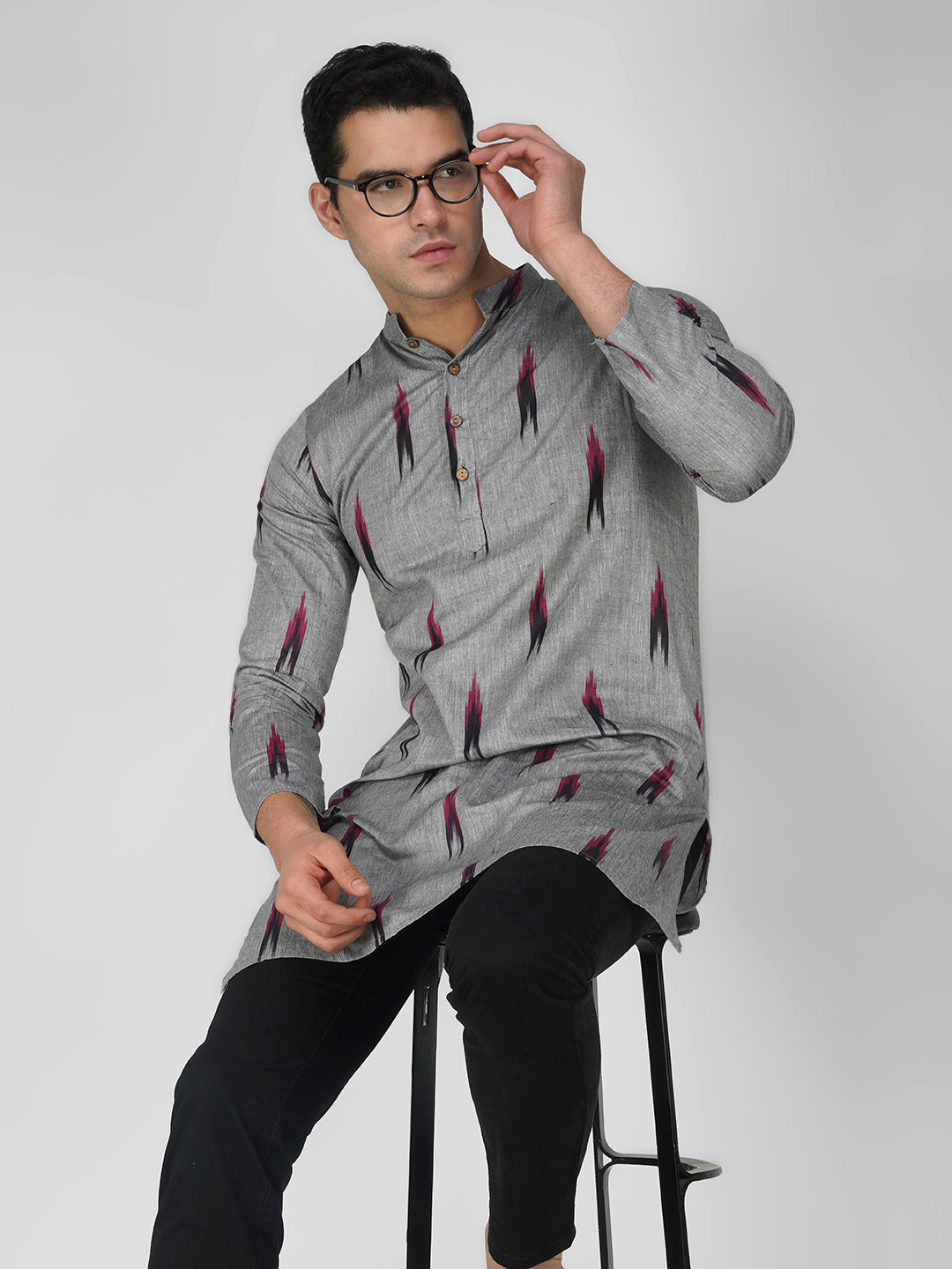 Vastraa Fusion Men's Printed Kurta Pure Cotton Long Kurta, Round Collar, Full Sleeves, Button Kurta, Ethnic Wear