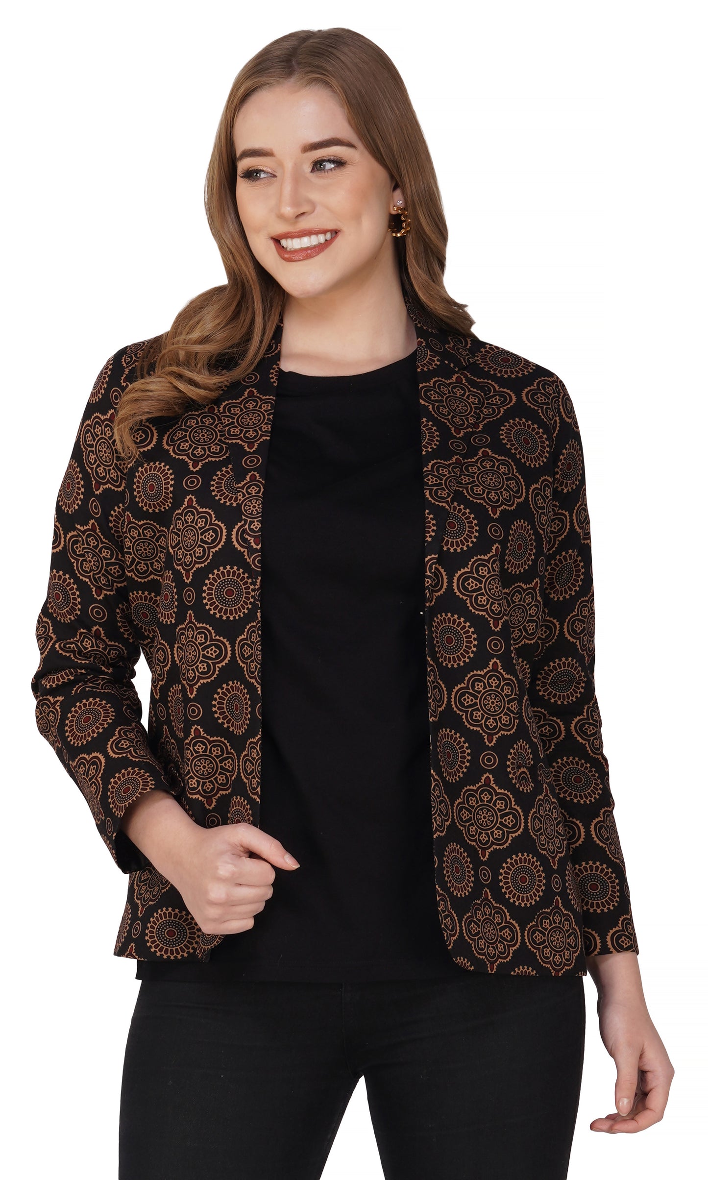 Vastraa Fusion Ladies Block Printed Single Breasted Blazer Pockets Regular Fit Stylish Blazer for Women