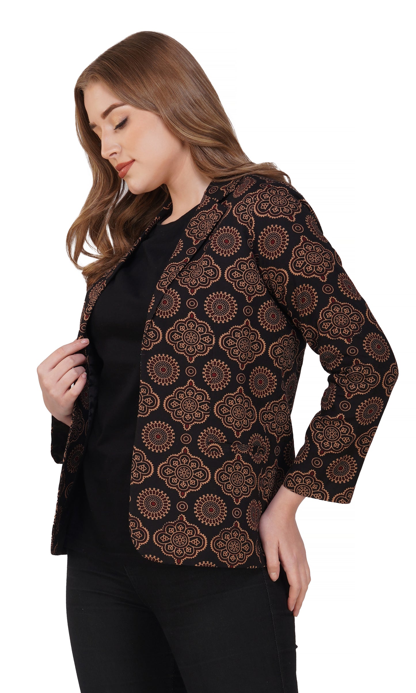 Vastraa Fusion Ladies Block Printed Single Breasted Blazer Pockets Regular Fit Stylish Blazer for Women