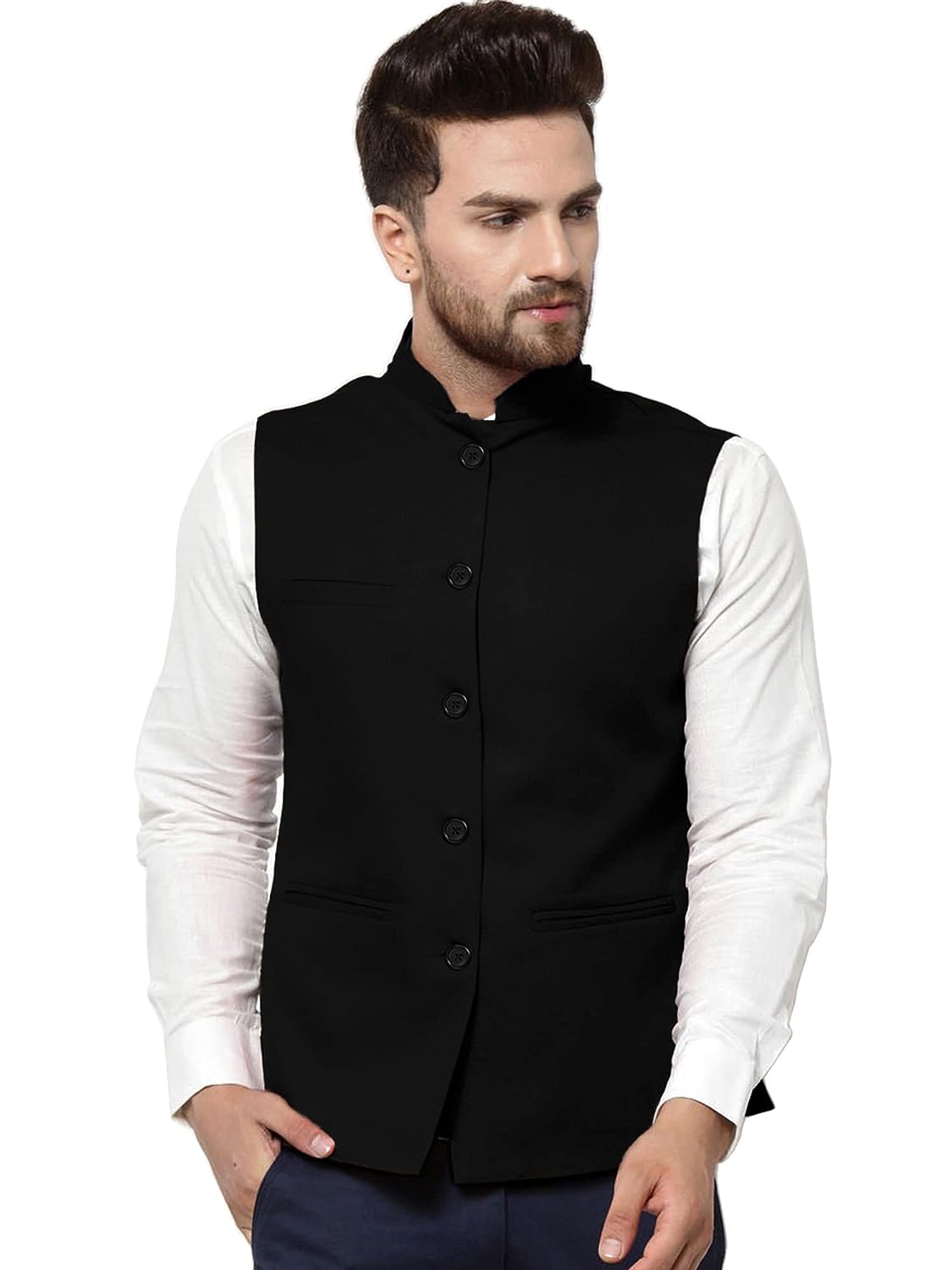 Vastraa Fusion Men's Indian Traditional Cotton Solid Nehru Jacket/Waistcoat