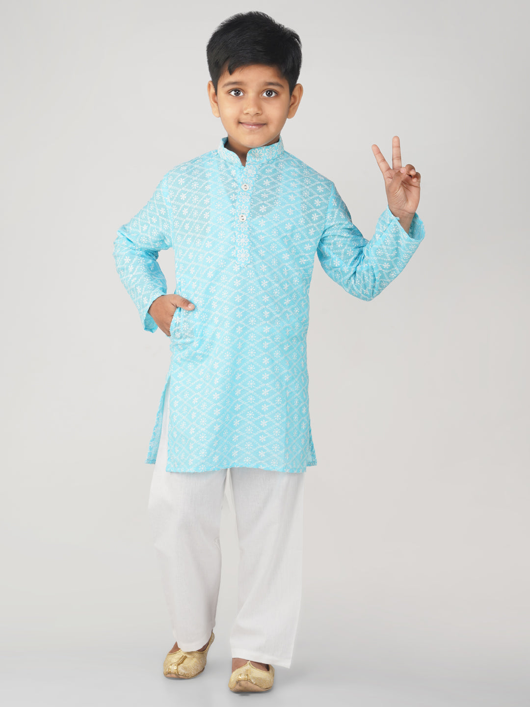Vastraa Fusion Kid's Chikan Embroidery Kurta Pure Cotton Long Kurta