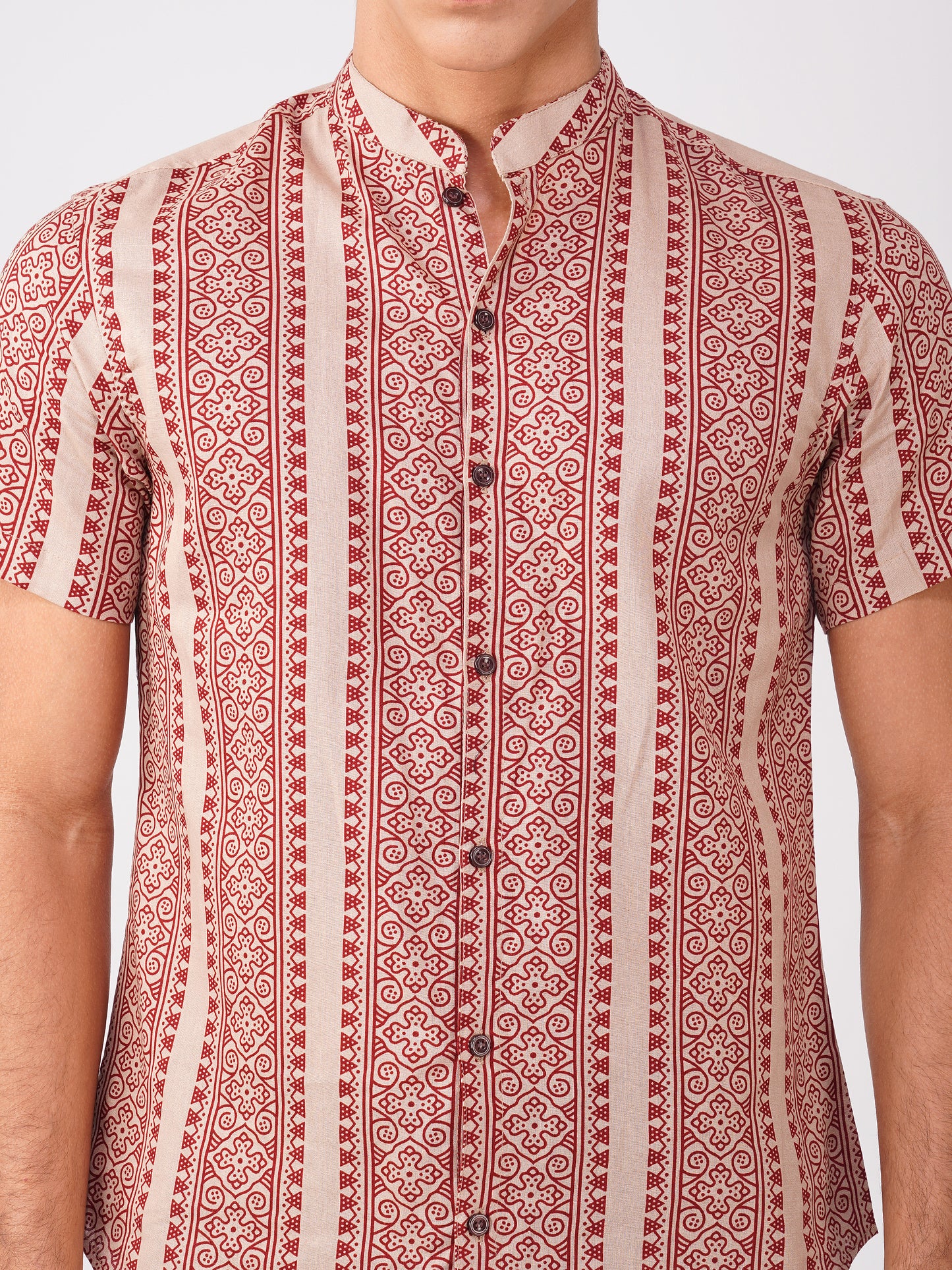Vastraa Fusion Men's Block Print Cotton Summer Shirt (Chinees Collor)