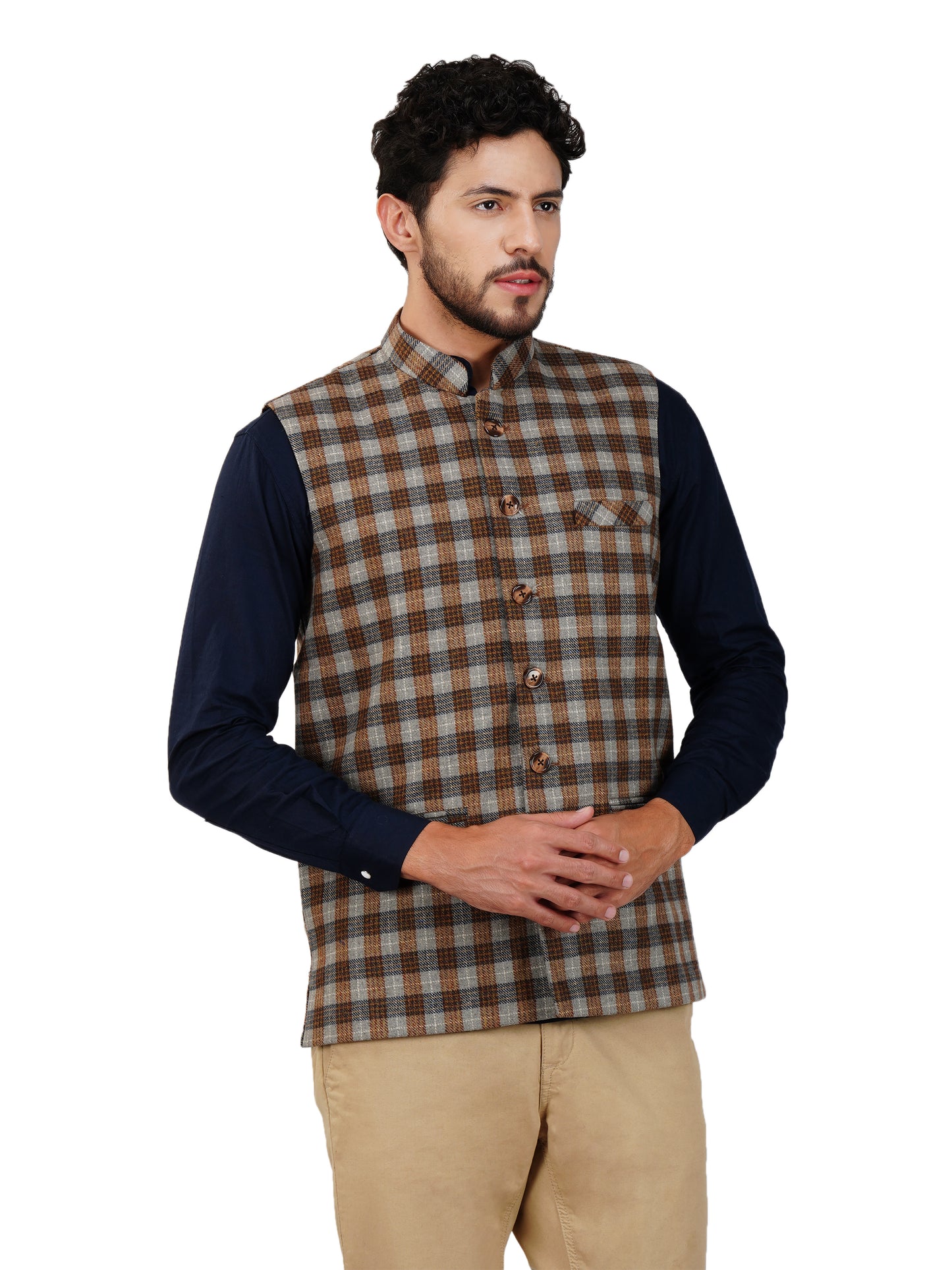 Vastraa Fusion Modi Jacket Waistcoat Checks Pattern Woolen Nehru Jacket