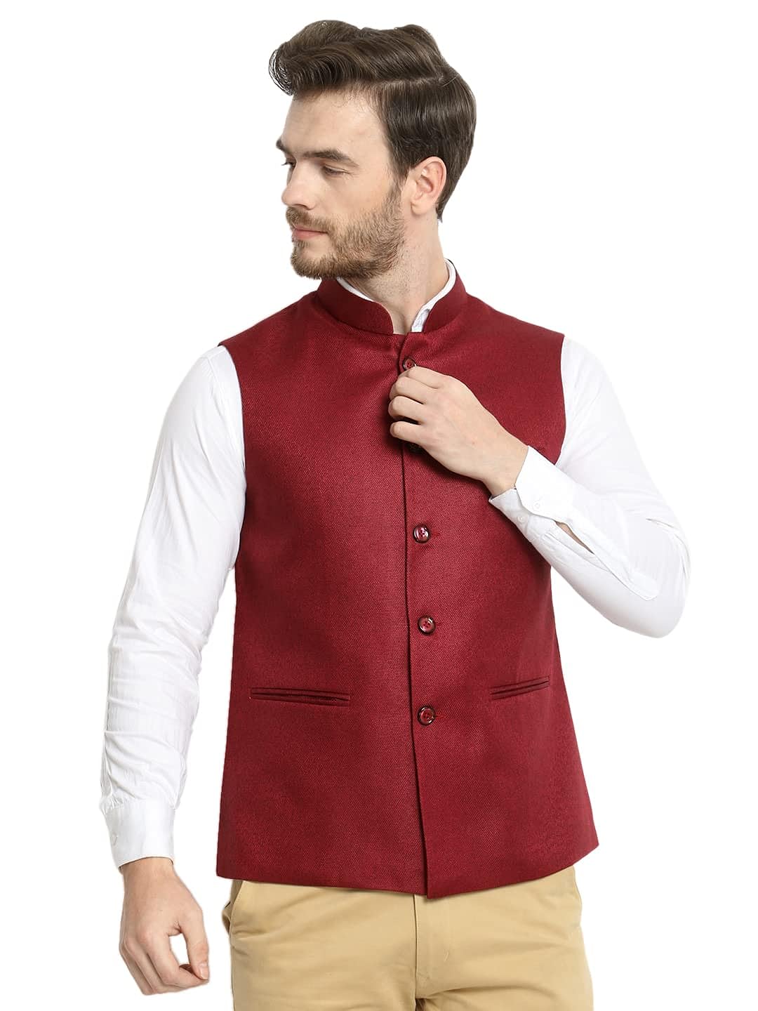 Vastraa Fusion Men's Indian Traditional Cotton Solid Nehru Jacket/Waistcoat