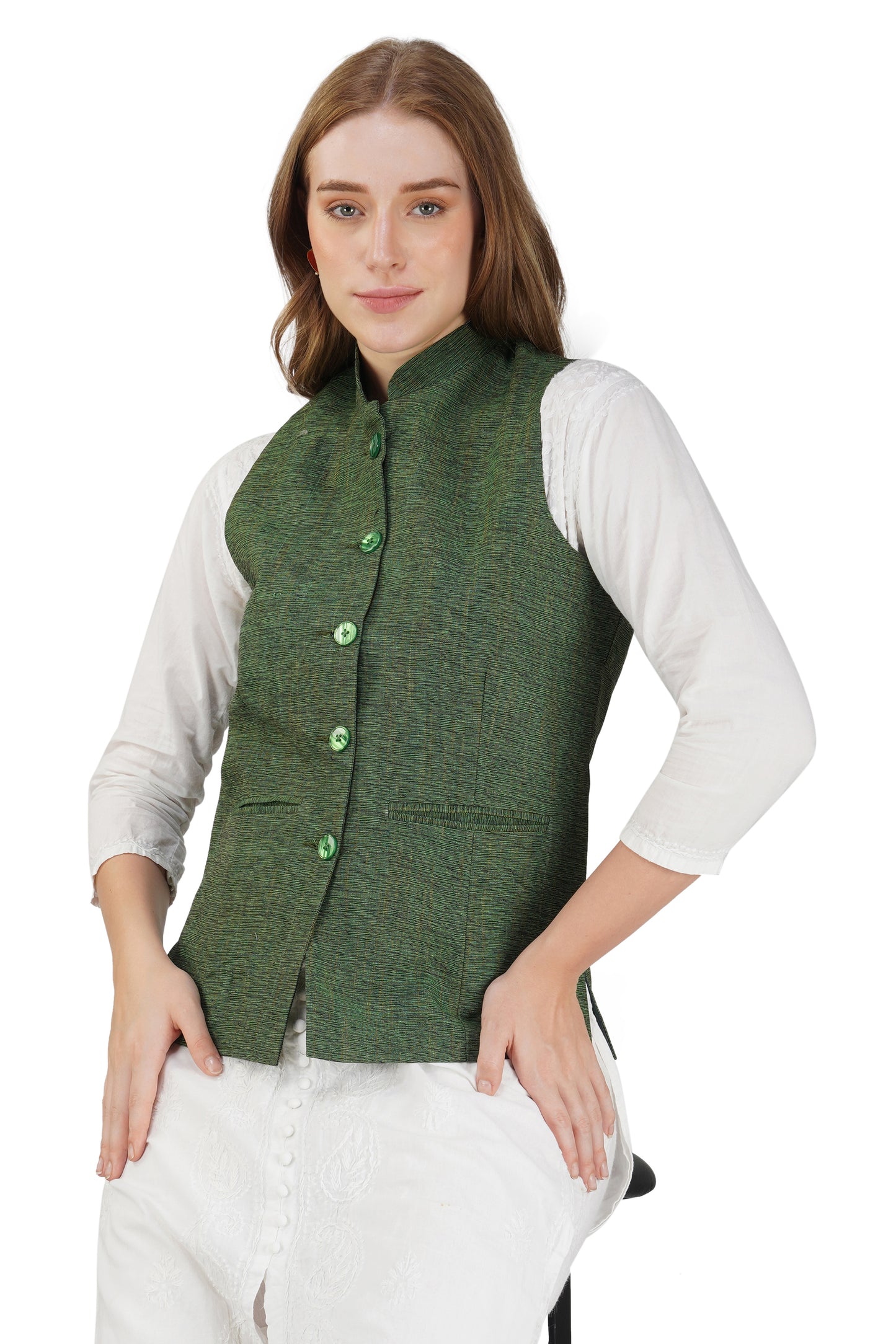 Vastraa Fusion Ladies Modi Jacket / Waistcoat Cotton Silk Look in Textured Print Nehru Jacket
