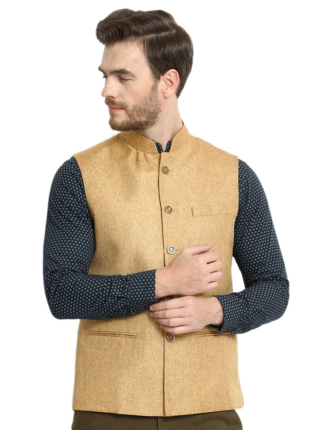 Vastraa Fusion Men's Indian Traditional Cotton Solid Nehru Jacket/Waistcoat