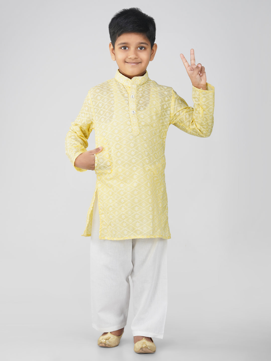Vastraa Fusion Kid's Chikan Embroidery Kurta Pure Cotton Long Kurta