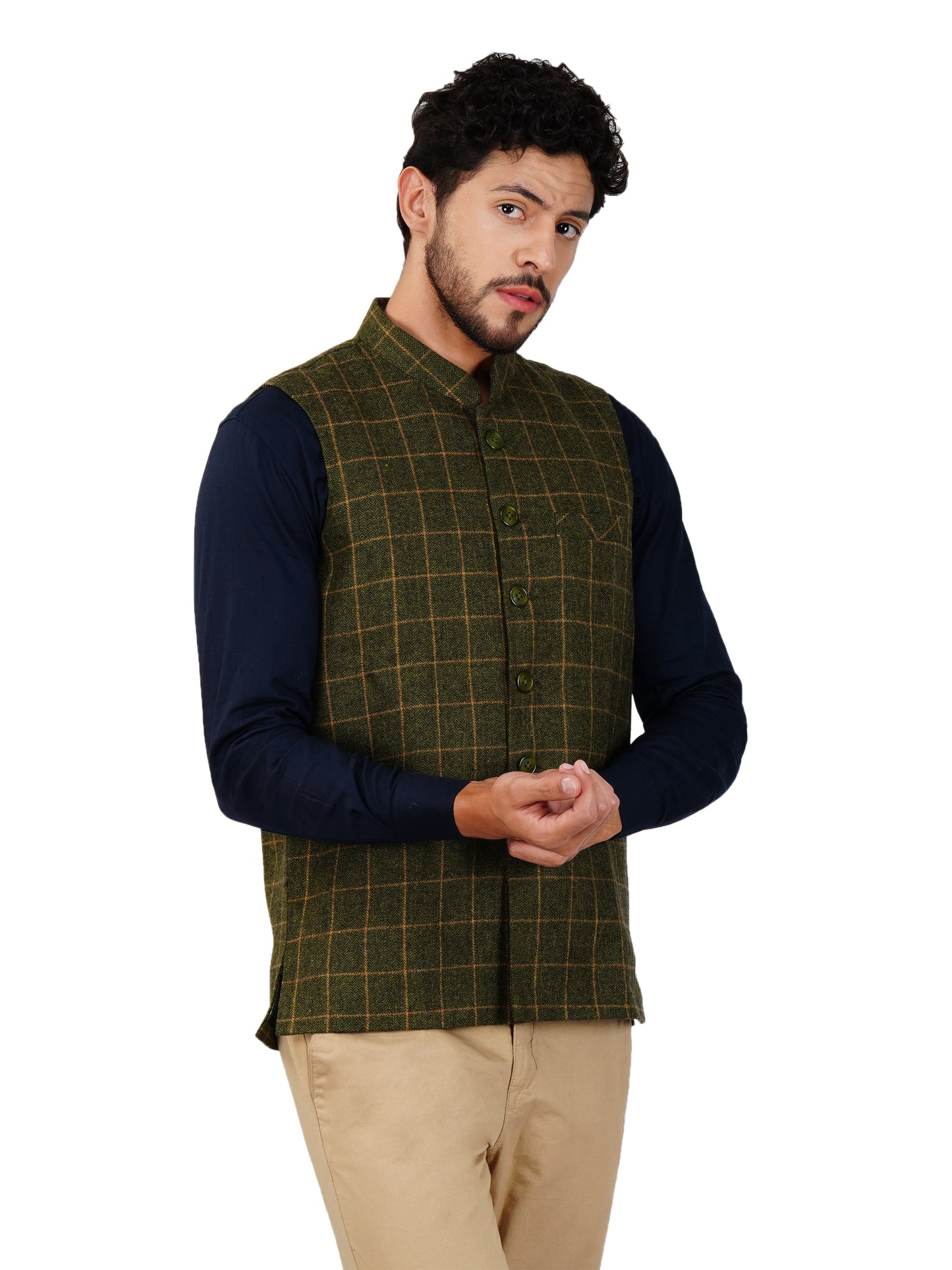 Vastraa Fusion Modi Jacket Waistcoat Checks Pattern Woolen Nehru Jacket