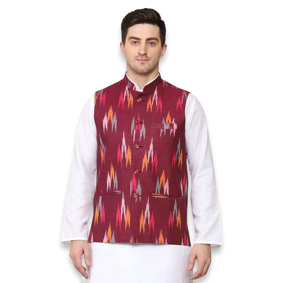 Vastraa Fusion Modi Jacket / Waistcoat - Khadi Look in Mix Ikat Patterns - South Cotton Nehru Jacket