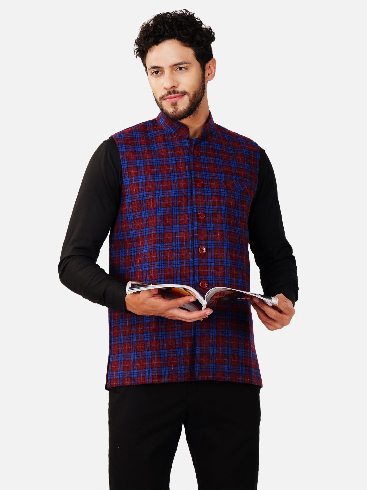 Vastraa Fusion Modi Jacket Waistcoat Checks Pattern Woolen Nehru Jacket