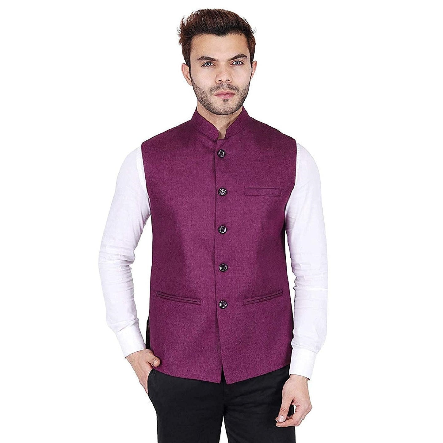 Vastraa Fusion Men's Indian Traditional Cotton Solid Nehru Jacket/Waistcoat