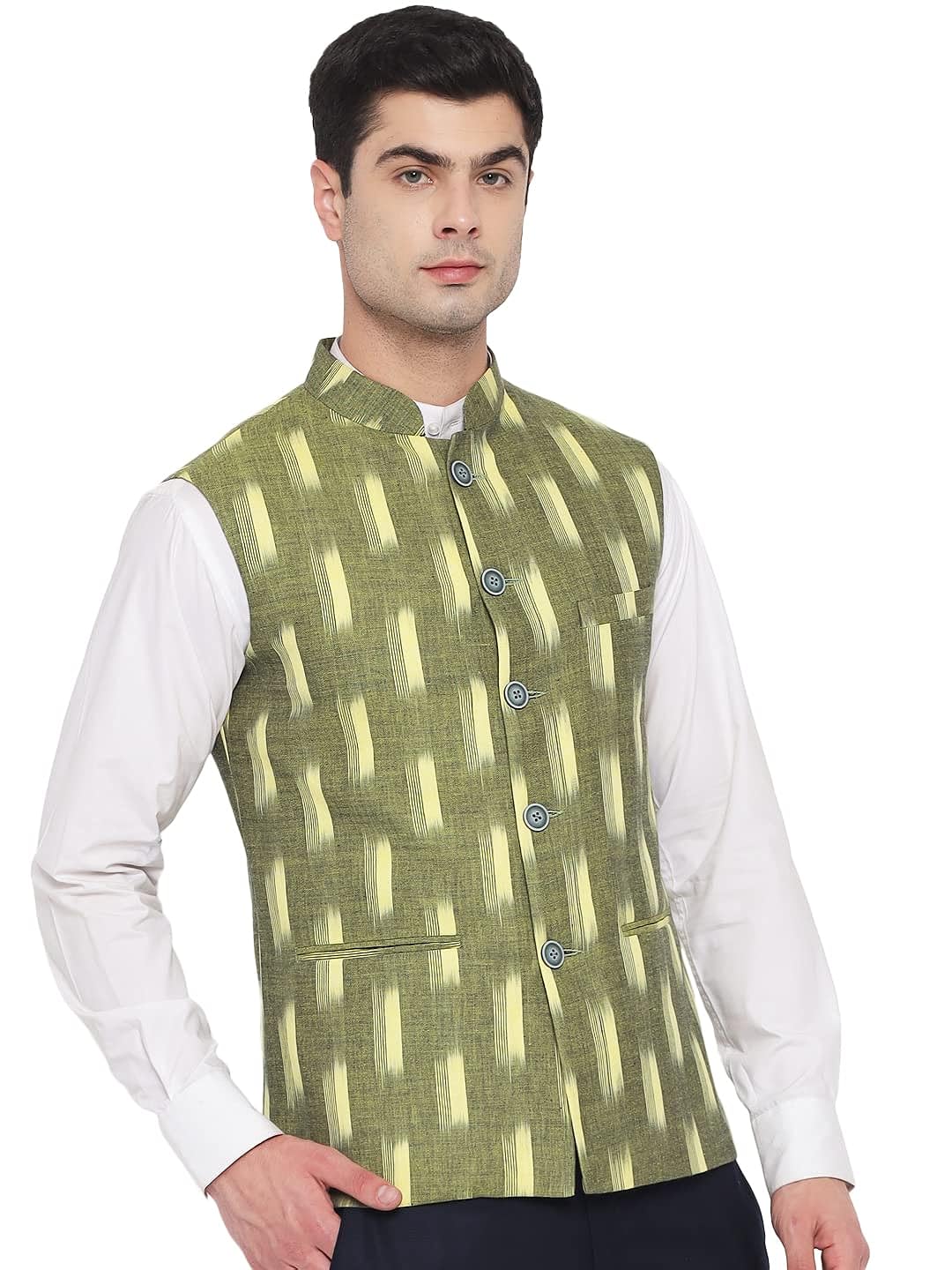 Vastraa Fusion Modi Jacket / Waistcoat - Khadi Look in Mix Ikat Patterns - South Cotton Nehru Jacket
