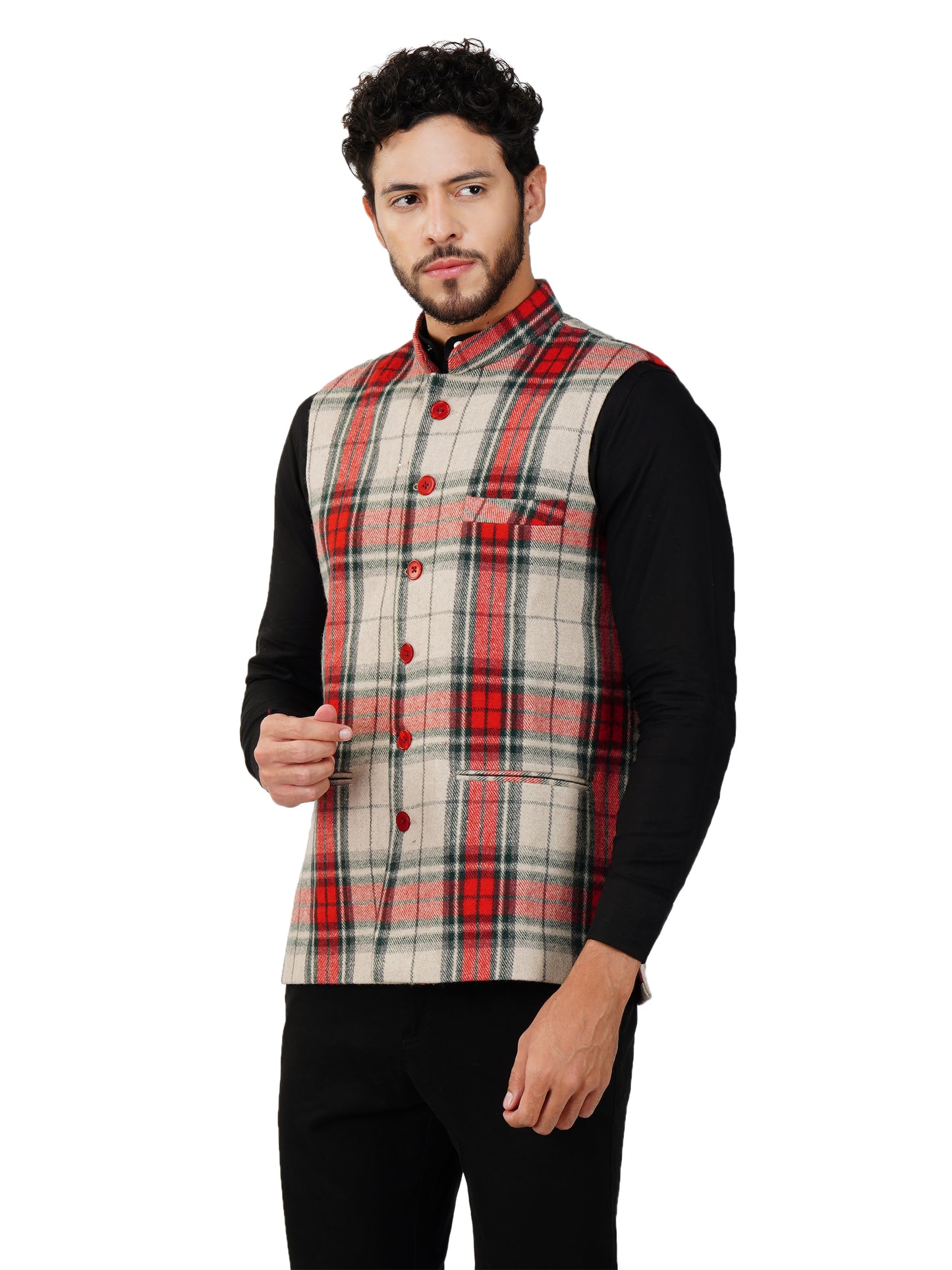 Vastraa Fusion Modi Jacket Waistcoat Checks Pattern Woolen Nehru Jacket