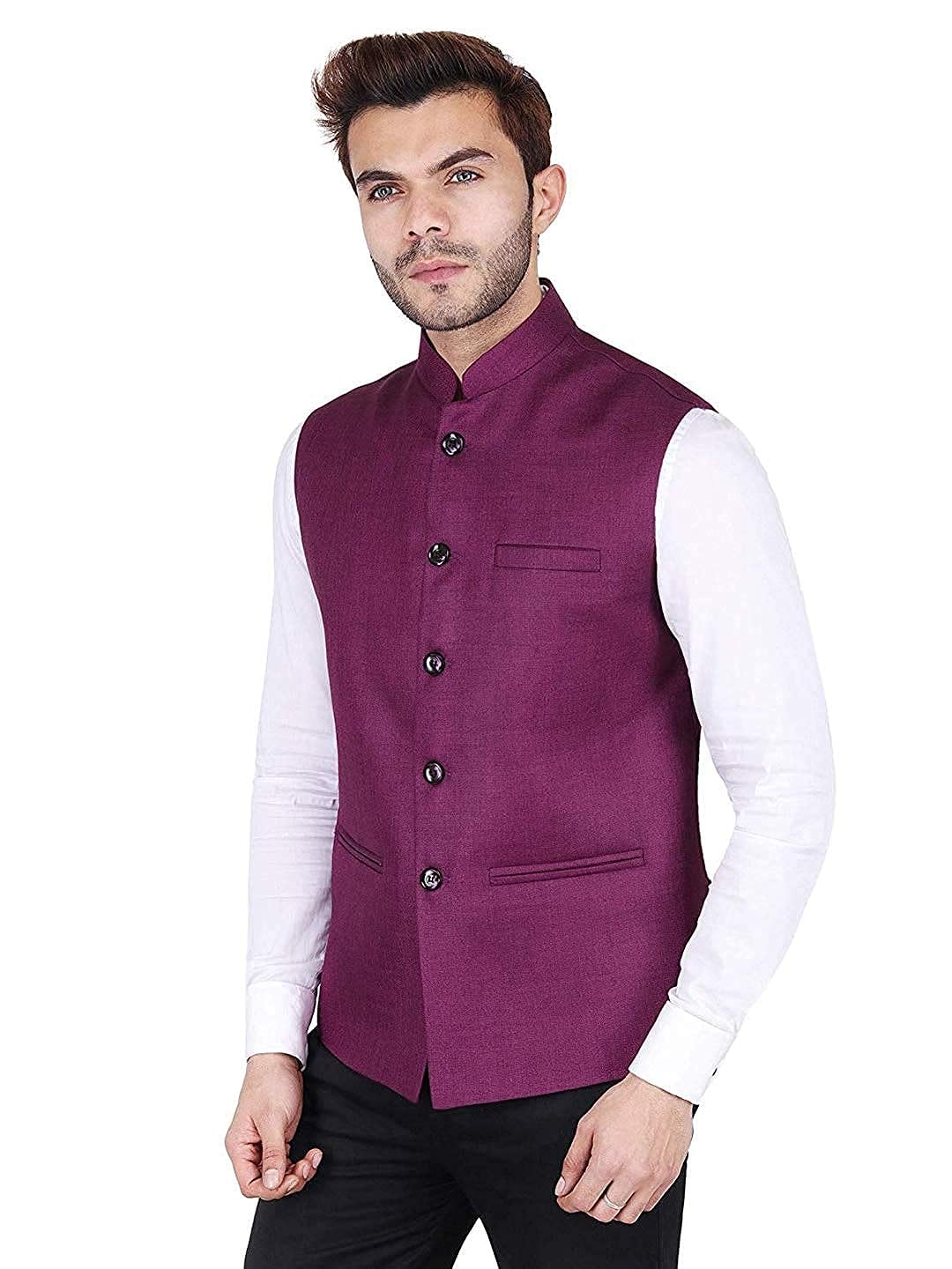 Vastraa Fusion Men's Indian Traditional Cotton Solid Nehru Jacket/Waistcoat