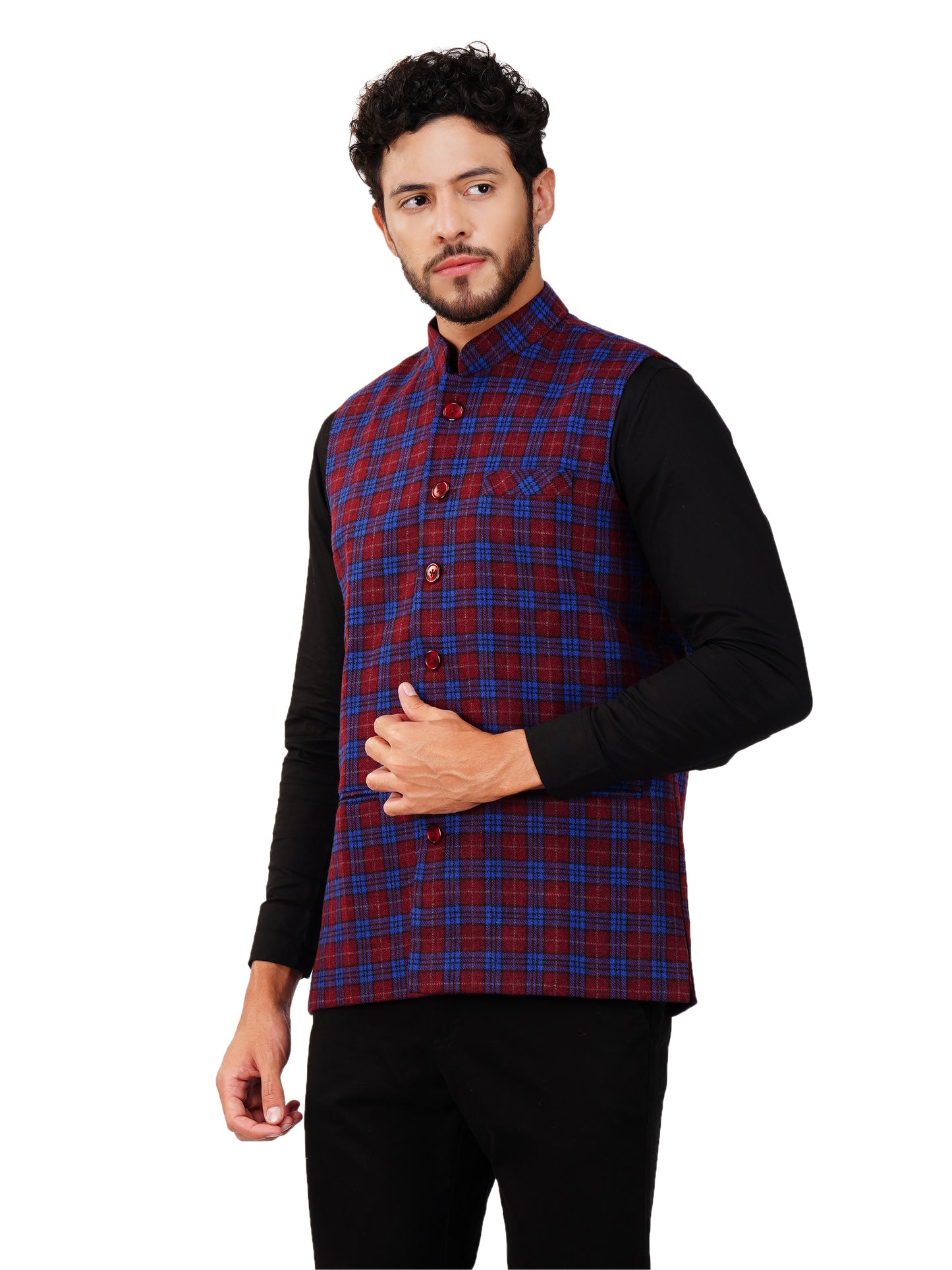 Vastraa Fusion Modi Jacket Waistcoat Checks Pattern Woolen Nehru Jacket