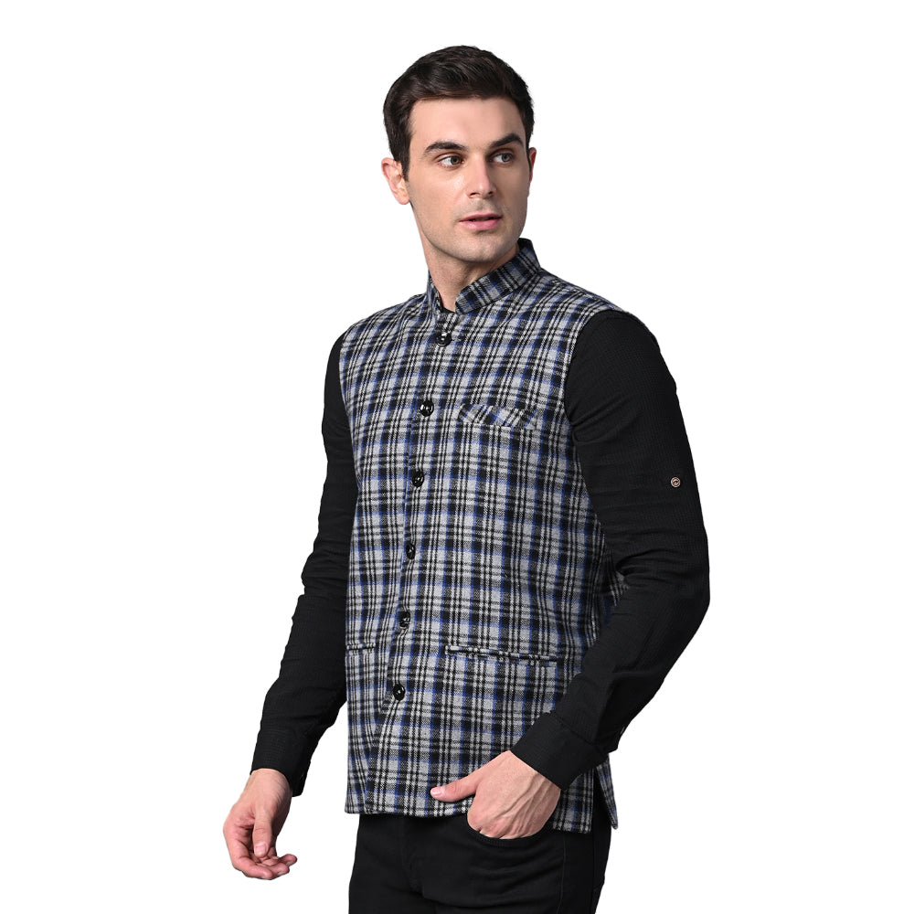 Vastraa Fusion Modi Jacket Waistcoat Checks Pattern Woolen Nehru Jacket