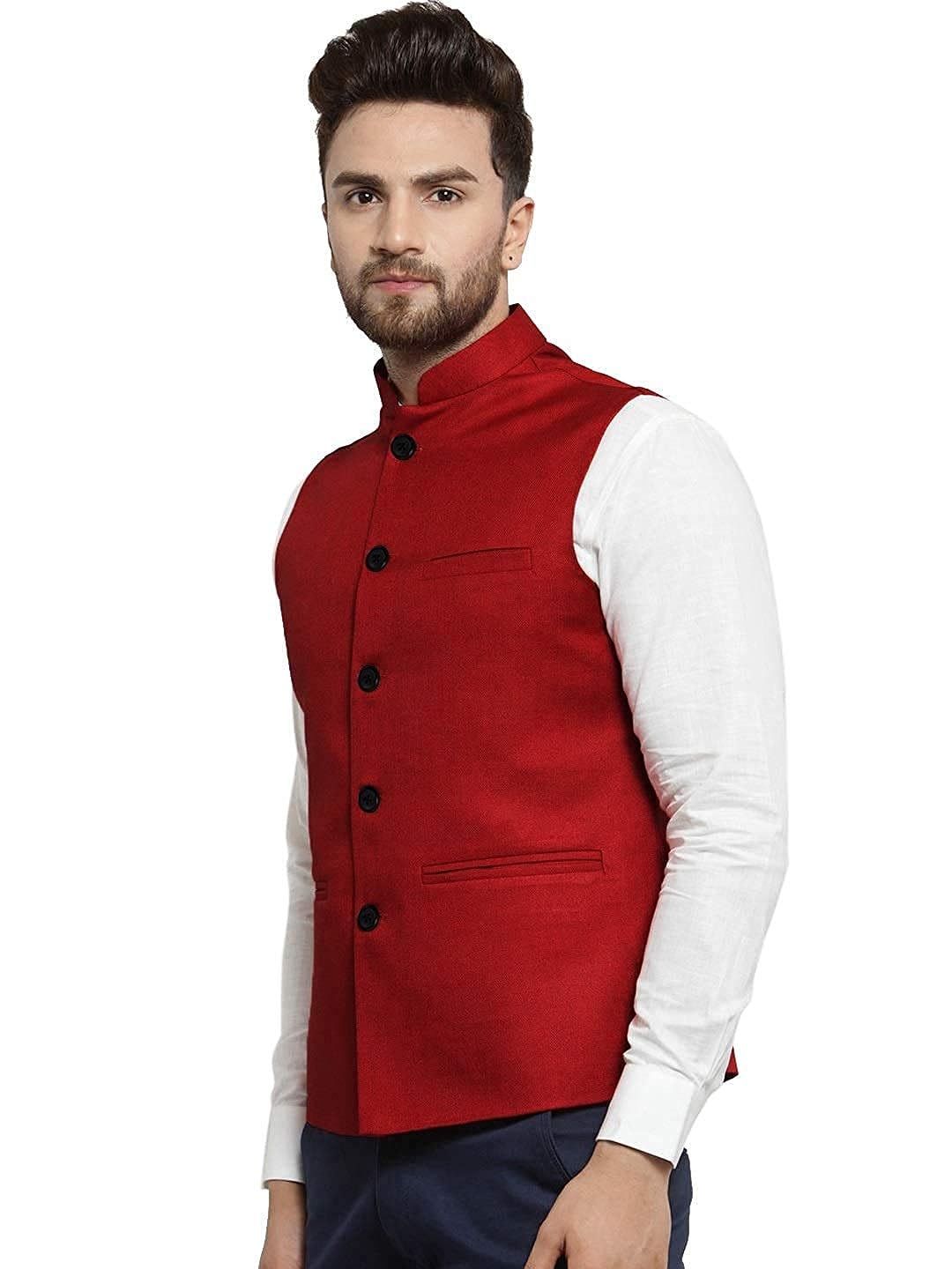 Vastraa Fusion Men's Indian Traditional Cotton Solid Nehru Jacket/Waistcoat