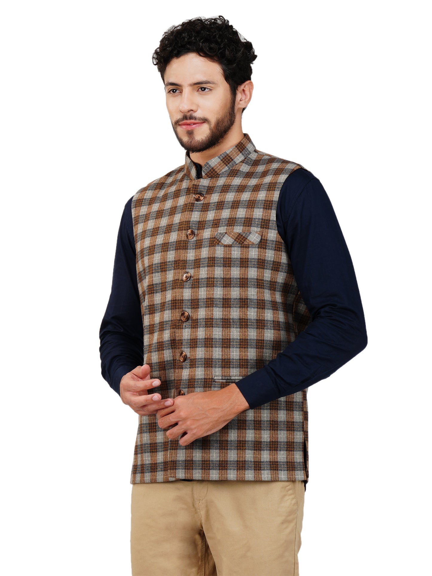 Vastraa Fusion Modi Jacket Waistcoat Checks Pattern Woolen Nehru Jacket