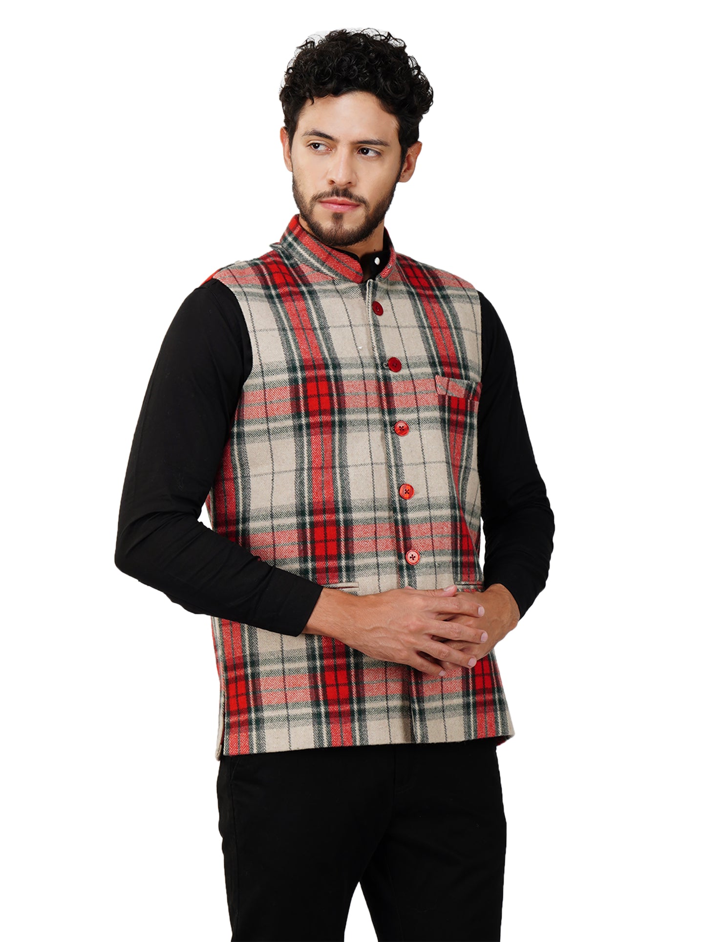 Vastraa Fusion Modi Jacket Waistcoat Checks Pattern Woolen Nehru Jacket