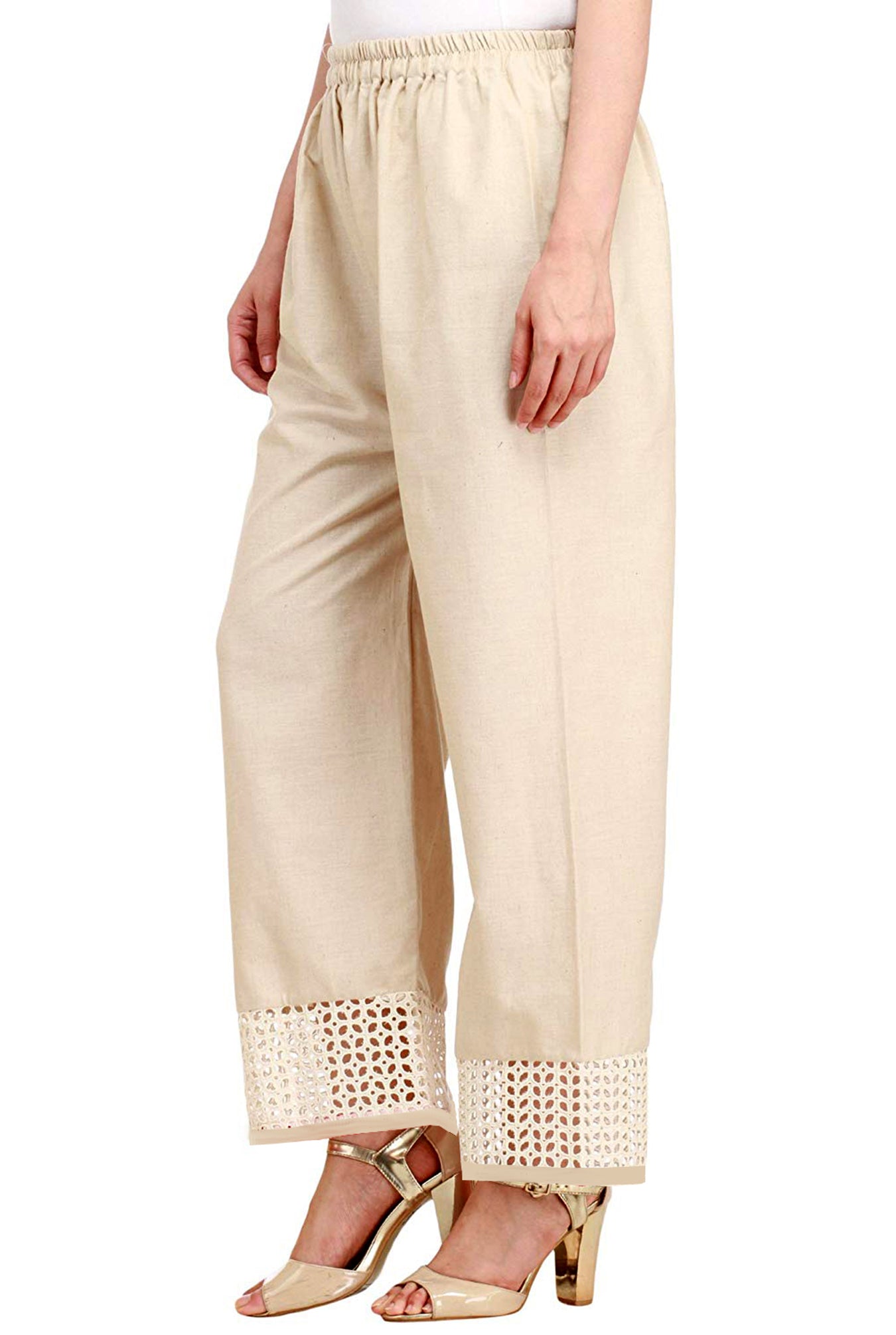 Vastraa Fusion Straight Regular Fit Stylish Solid Cotton Embroidered Lace Palazzo or Bottoms For Women's and Girls