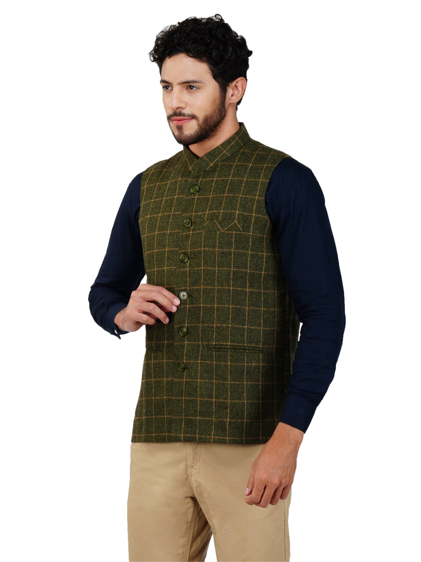 Vastraa Fusion Modi Jacket Waistcoat Checks Pattern Woolen Nehru Jacket