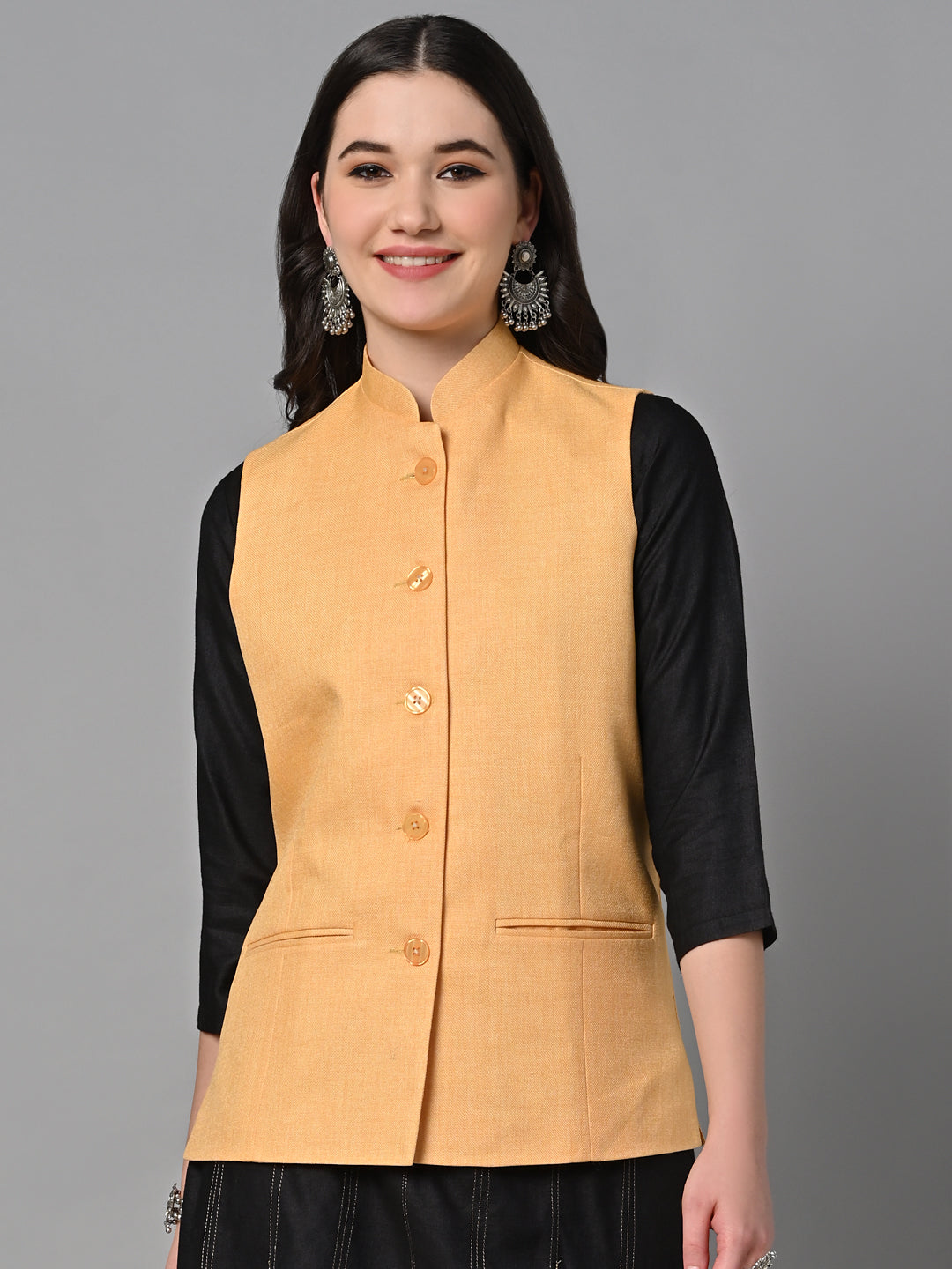 Vastraa Fusion Solid Indian Traditional Ethnic Waistcoat Festive Cotton Nehru Jacket for Women