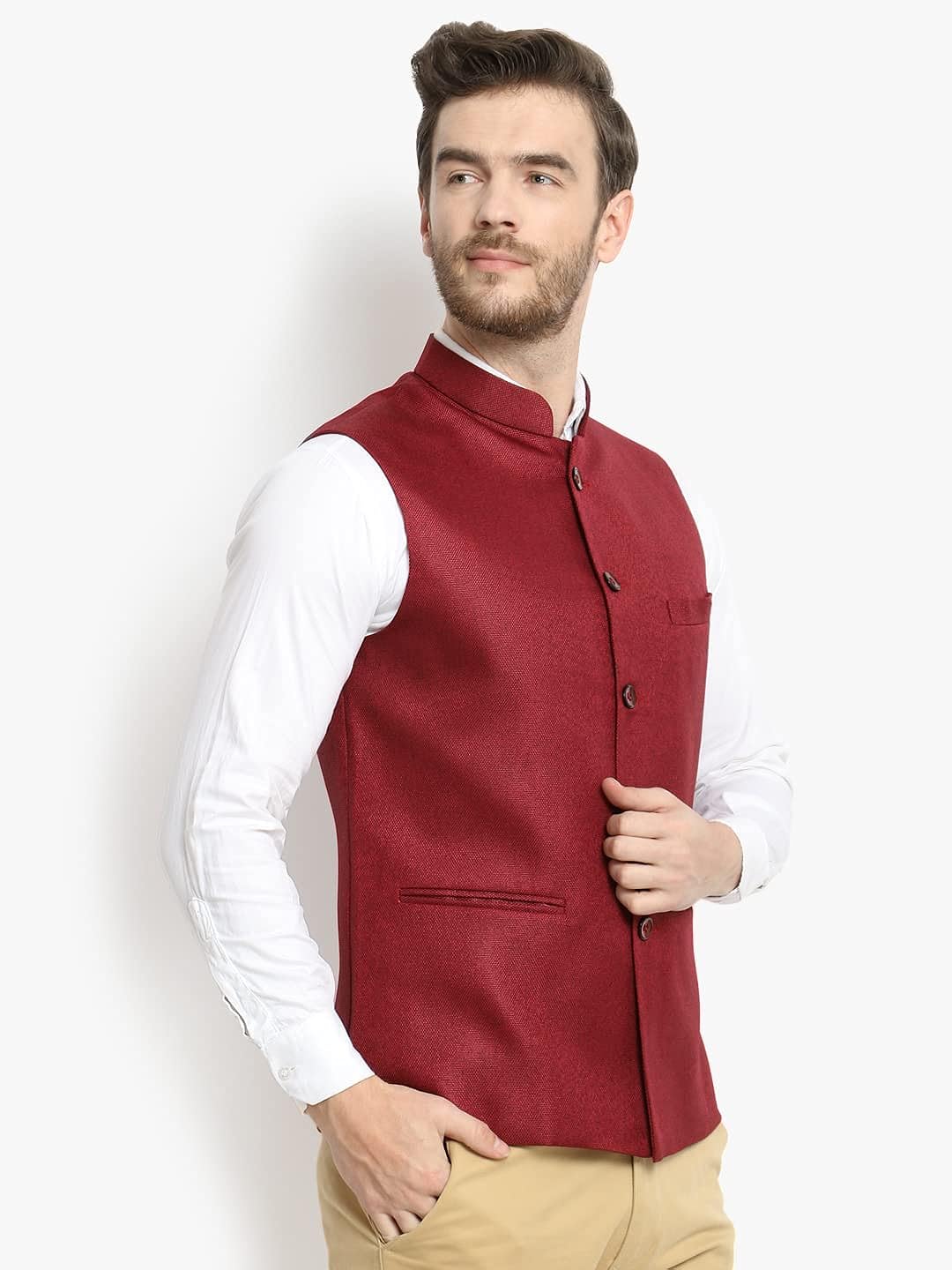 Vastraa Fusion Men's Indian Traditional Cotton Solid Nehru Jacket/Waistcoat