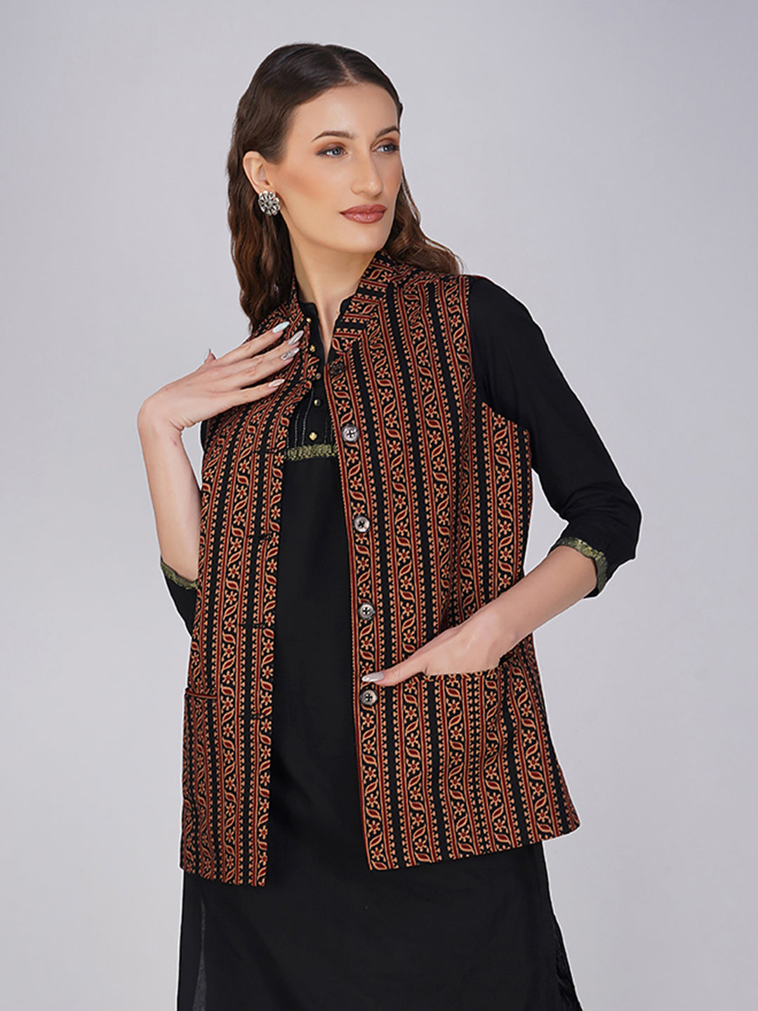 Ladies Modi Jacket / Waistcoat - Printed Look Designer Patterns - Cotton Nehru Jacket