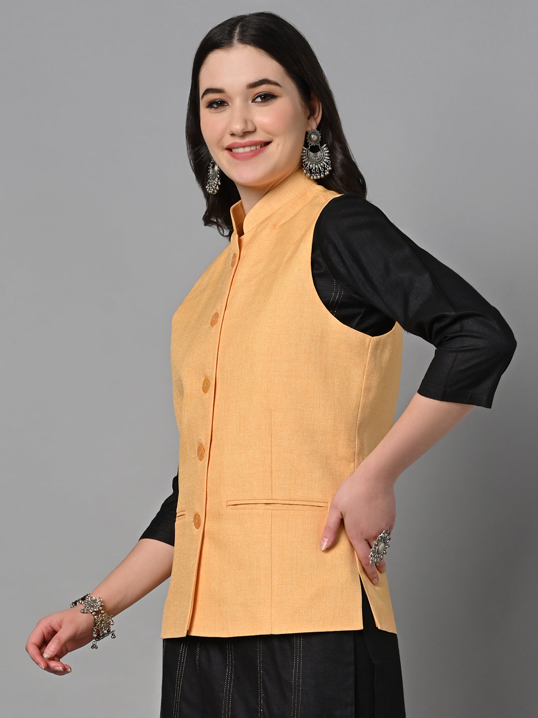 Vastraa Fusion Solid Indian Traditional Ethnic Waistcoat Festive Cotton Nehru Jacket for Women