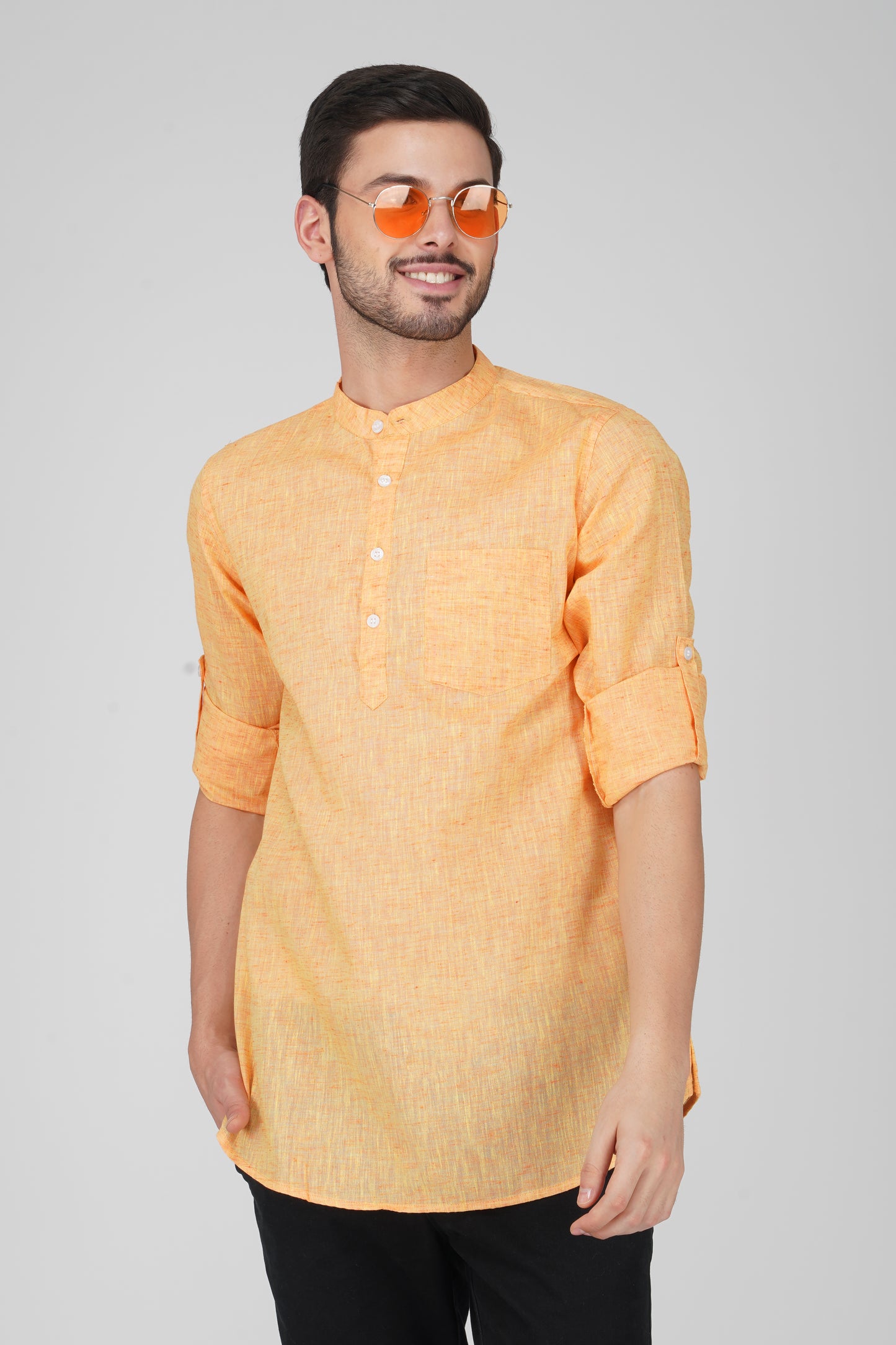 Vastraa Fusion Khadi Short Kurta For Men Casual Solid Pattern Short Kurta