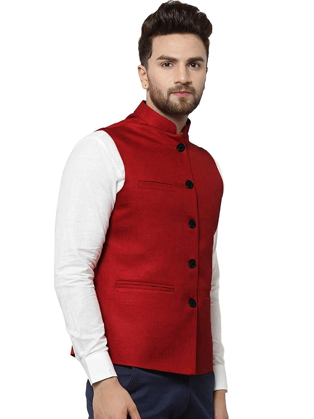 Vastraa Fusion Men's Indian Traditional Cotton Solid Nehru Jacket/Waistcoat