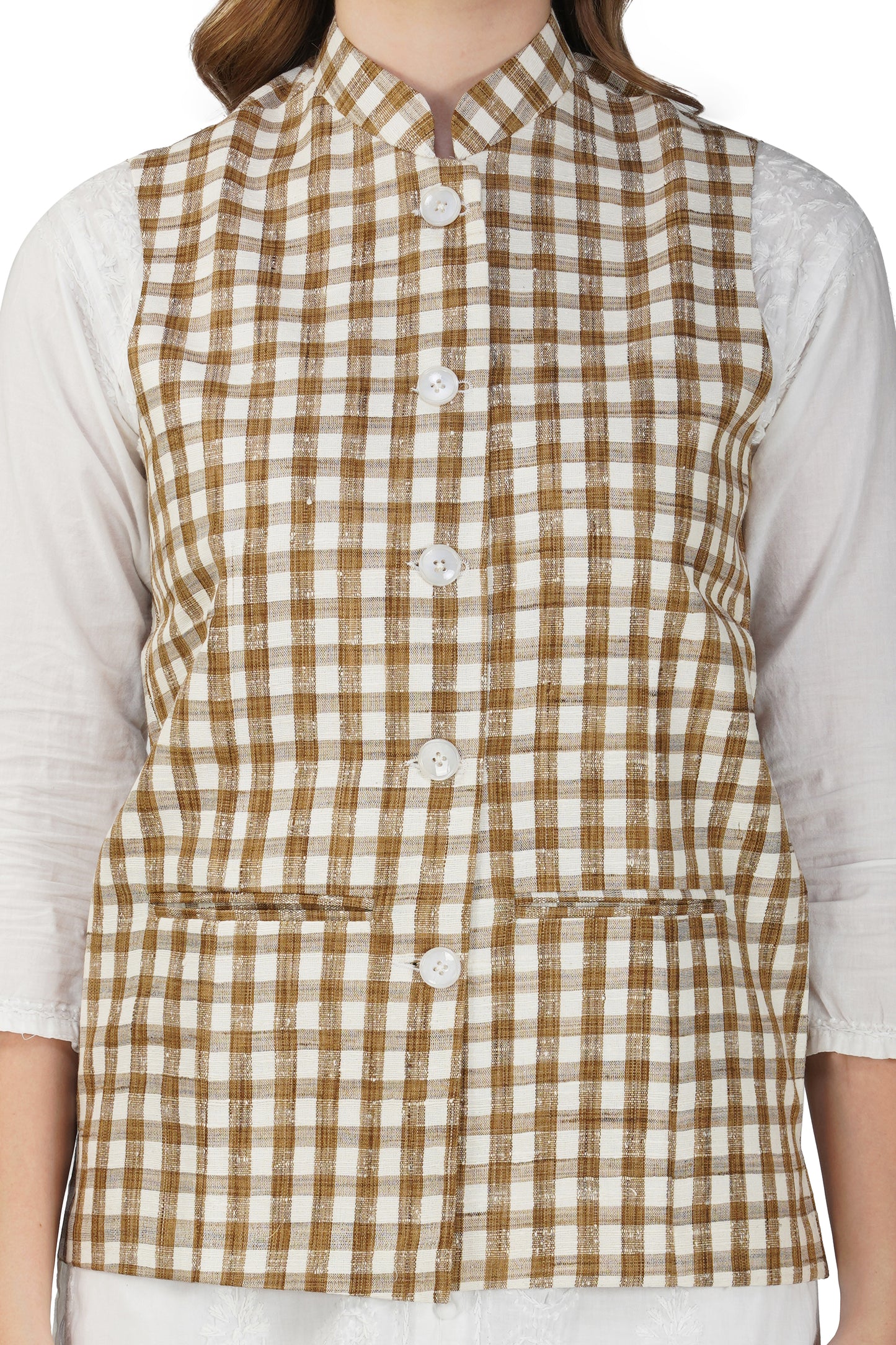 Womens Handloom Block Check Print Nehru Jacket