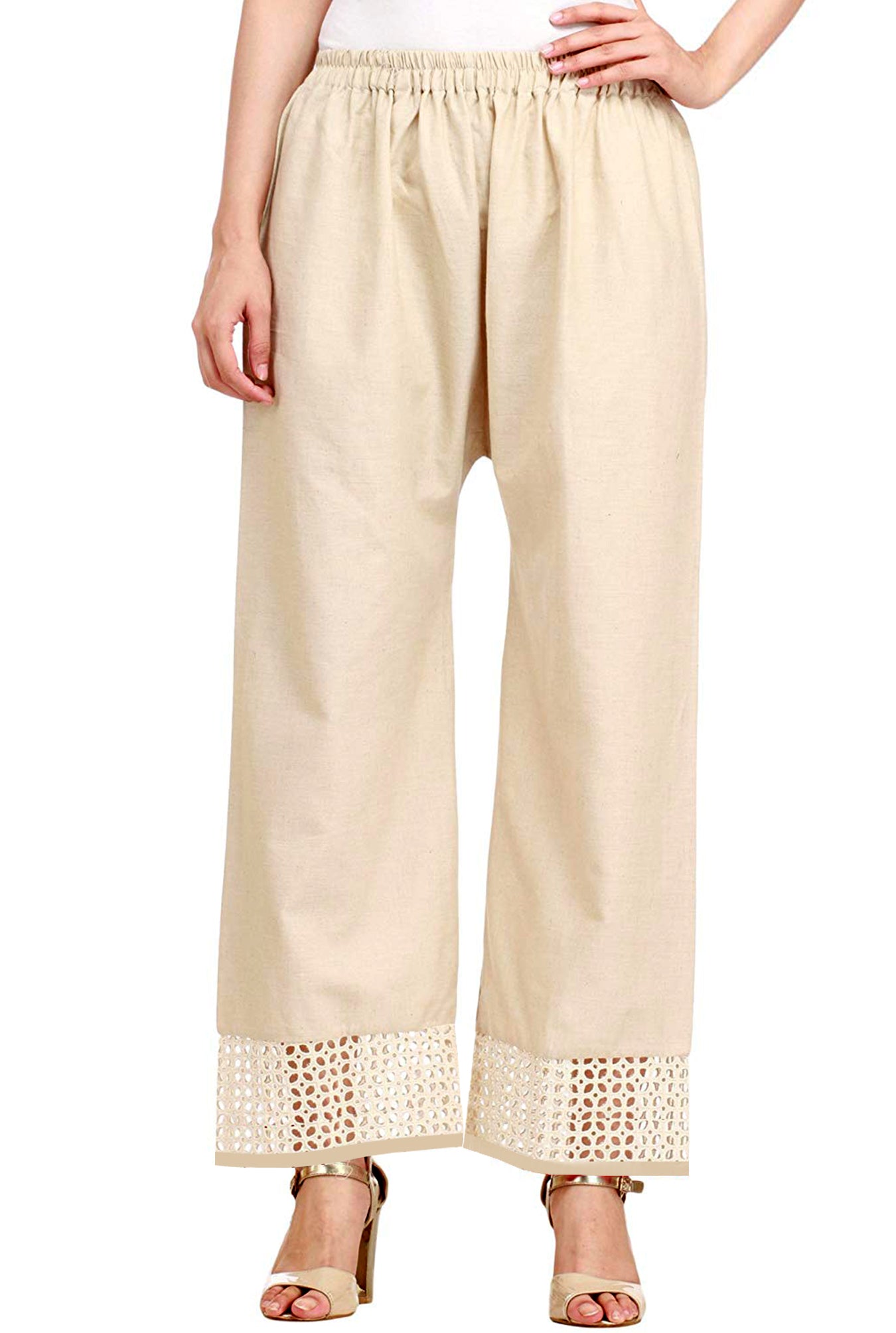 Vastraa Fusion Straight Regular Fit Stylish Solid Cotton Embroidered Lace Palazzo or Bottoms For Women's and Girls