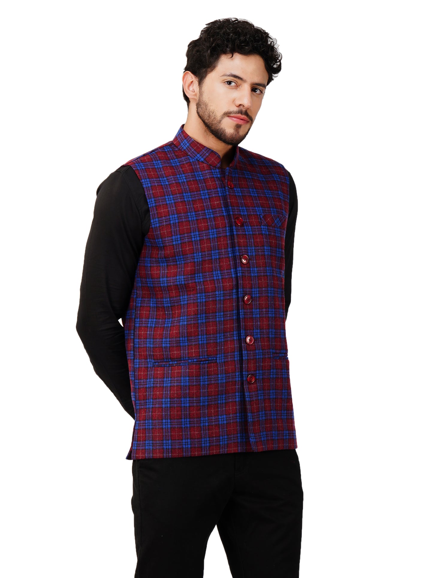 Vastraa Fusion Modi Jacket Waistcoat Checks Pattern Woolen Nehru Jacket