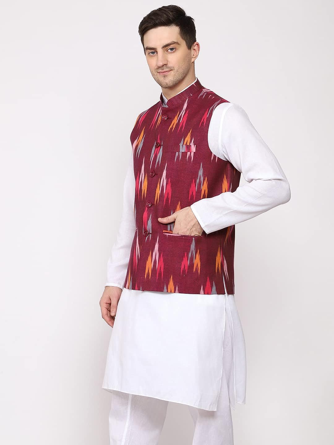 Vastraa Fusion Modi Jacket / Waistcoat - Khadi Look in Mix Ikat Patterns - South Cotton Nehru Jacket