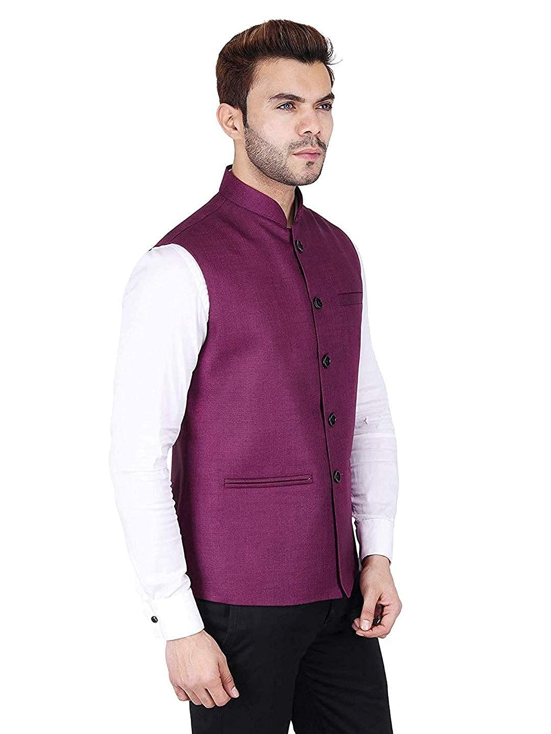 Vastraa Fusion Men's Indian Traditional Cotton Solid Nehru Jacket/Waistcoat