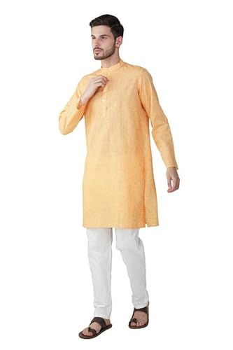 Vastraa Fusion Men's Textured Cotton Long Kurta Full Sleeves Casual Ethnic Wear Long Orange Kurta