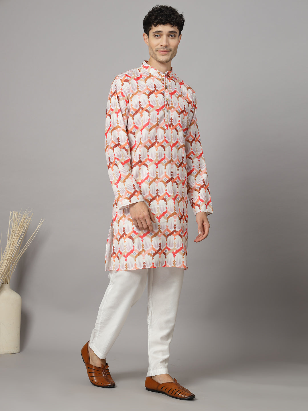 Vastraa Fusion Men's Printed Kurta Pure Cotton Long Kurta, Round Collar, Full Sleeves, Button Kurta, Ethnic Wear