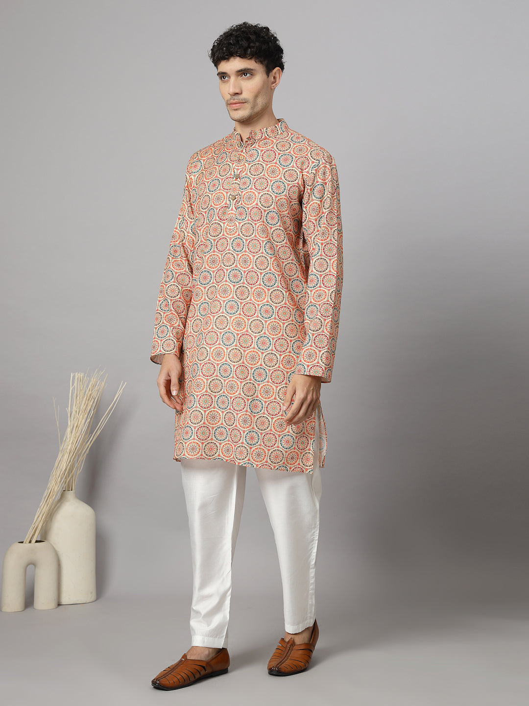 Vastraa Fusion Men's Printed Kurta Pure Cotton Long Kurta, Round Collar, Full Sleeves, Button Kurta, Ethnic Wear