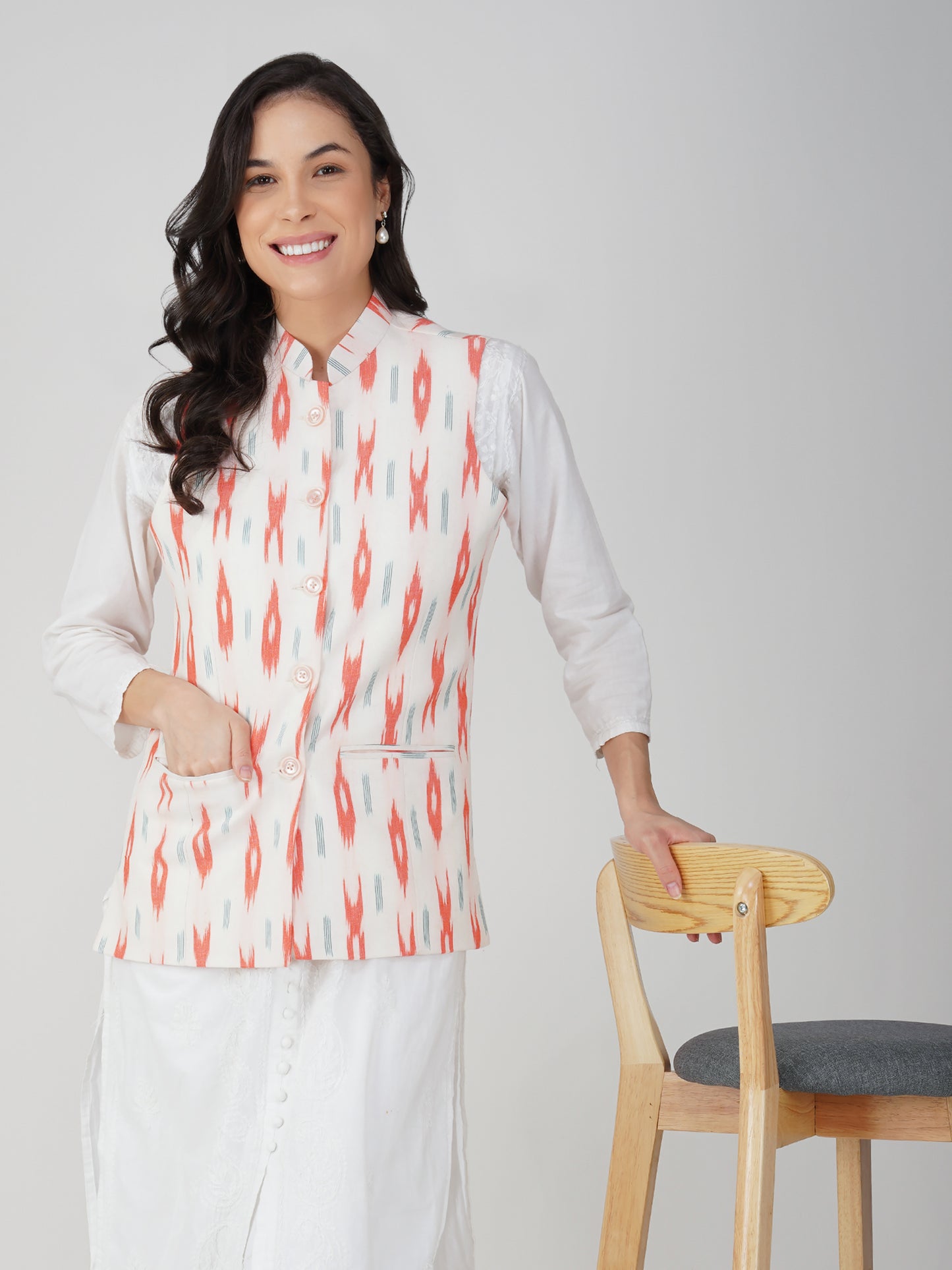 Ladies Modi Nehru Jacket / Waistcoat - Khadi Look in Mix Ikat Patterns Jacket