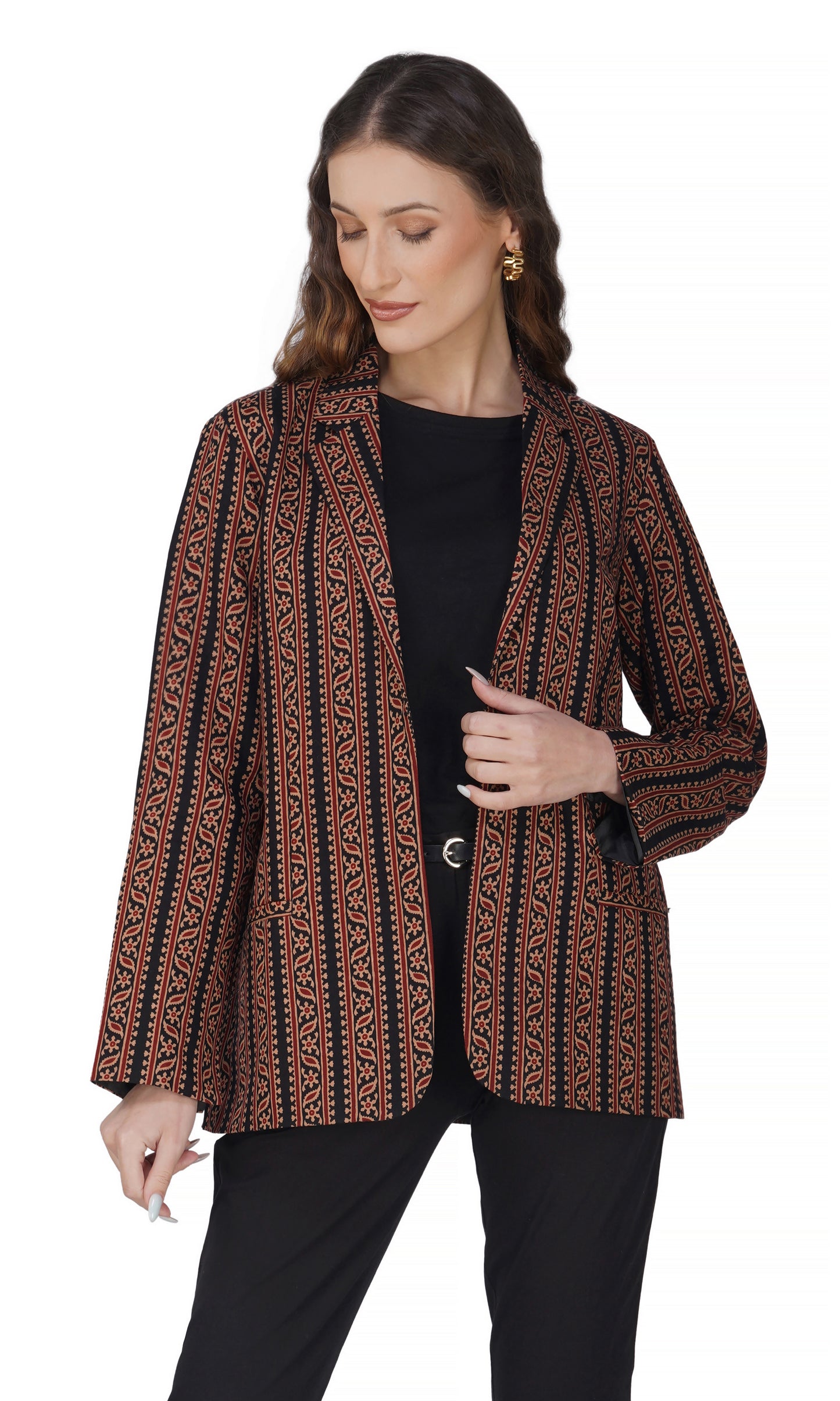 Vastraa Fusion Ladies Block Printed Single Breasted Blazer Pockets Regular Fit Stylish Blazer for Women